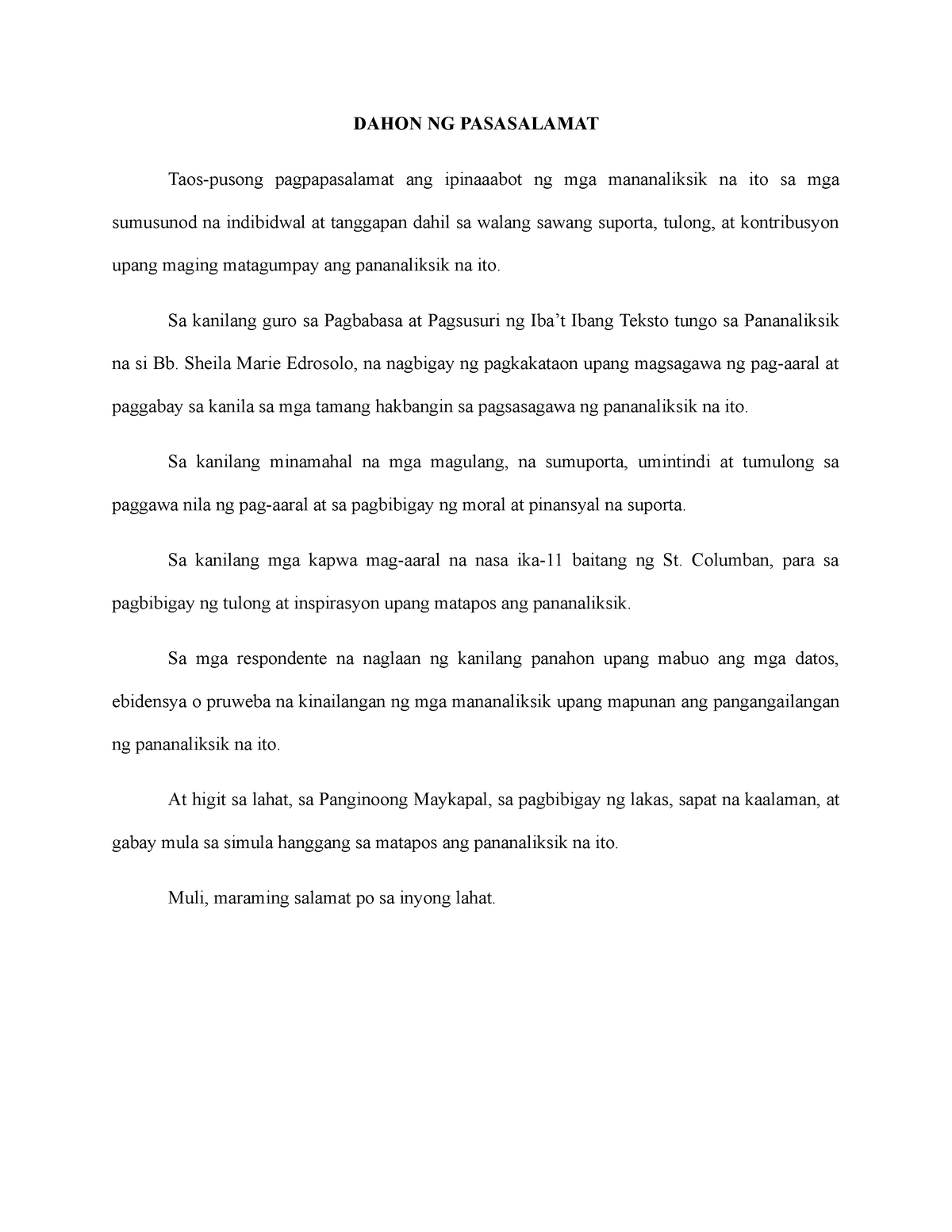 Dahon Ng Pasasalamat Pananaliksik Sa Pilipino Tungkol Sa K 12 Dahon