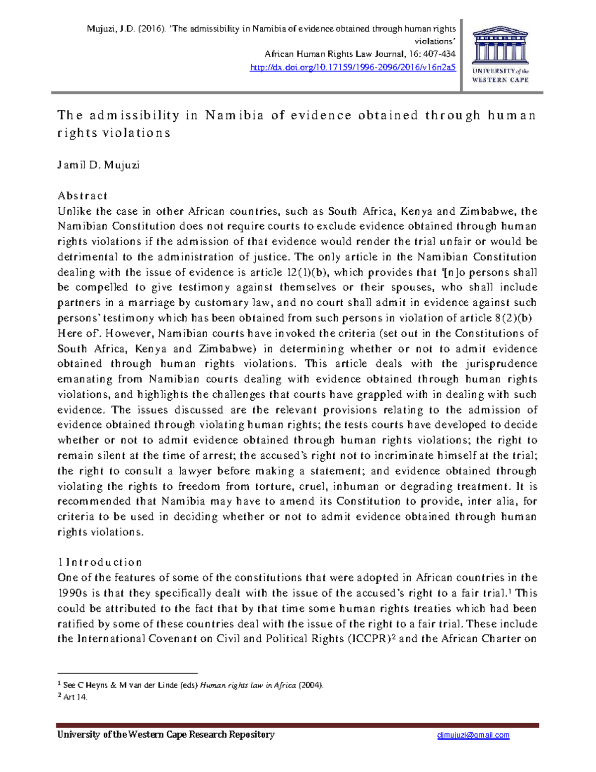 The admissibilty in Namibia of evidence obtained through human rights ...