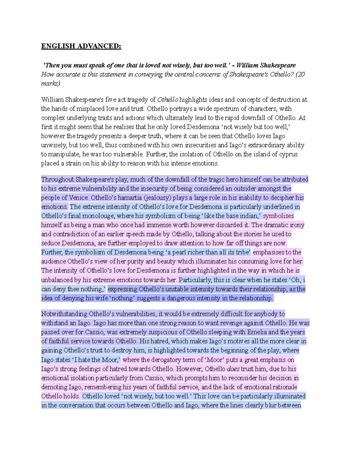 Othello sample essay + quotes - ENGLISH ADVANCED: 'Then you must speak ...