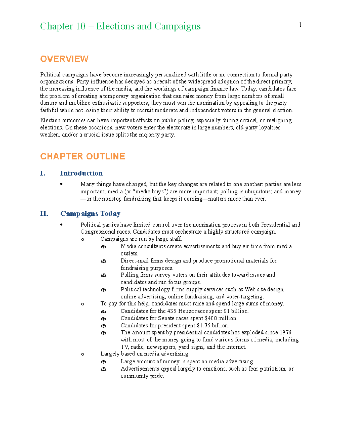 Elections And Campaigns - Chapter 10 – Elections And Campaigns OVERVIEW ...