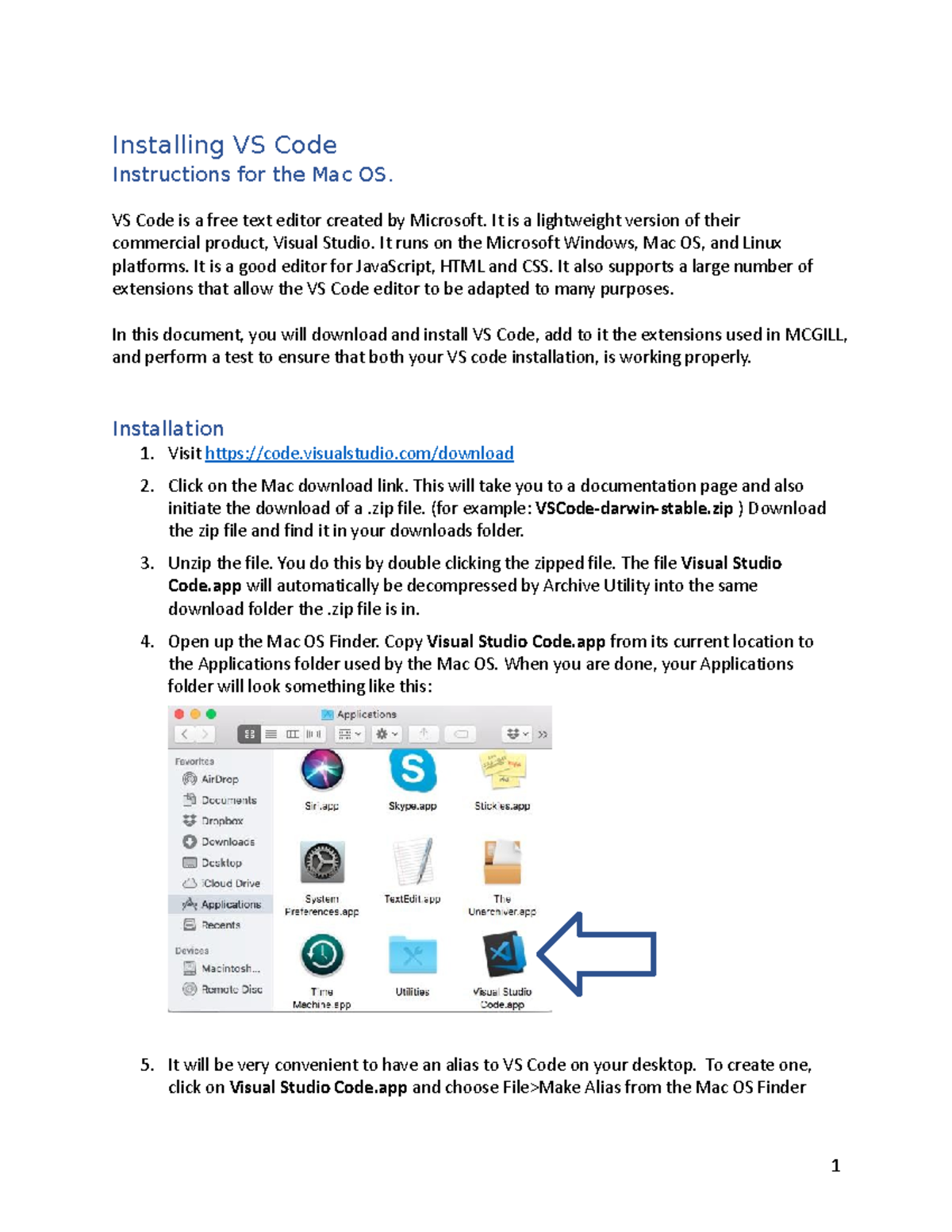 Installing VS Code - Mac OS - 1 Installing VS Code Instructions for the ...