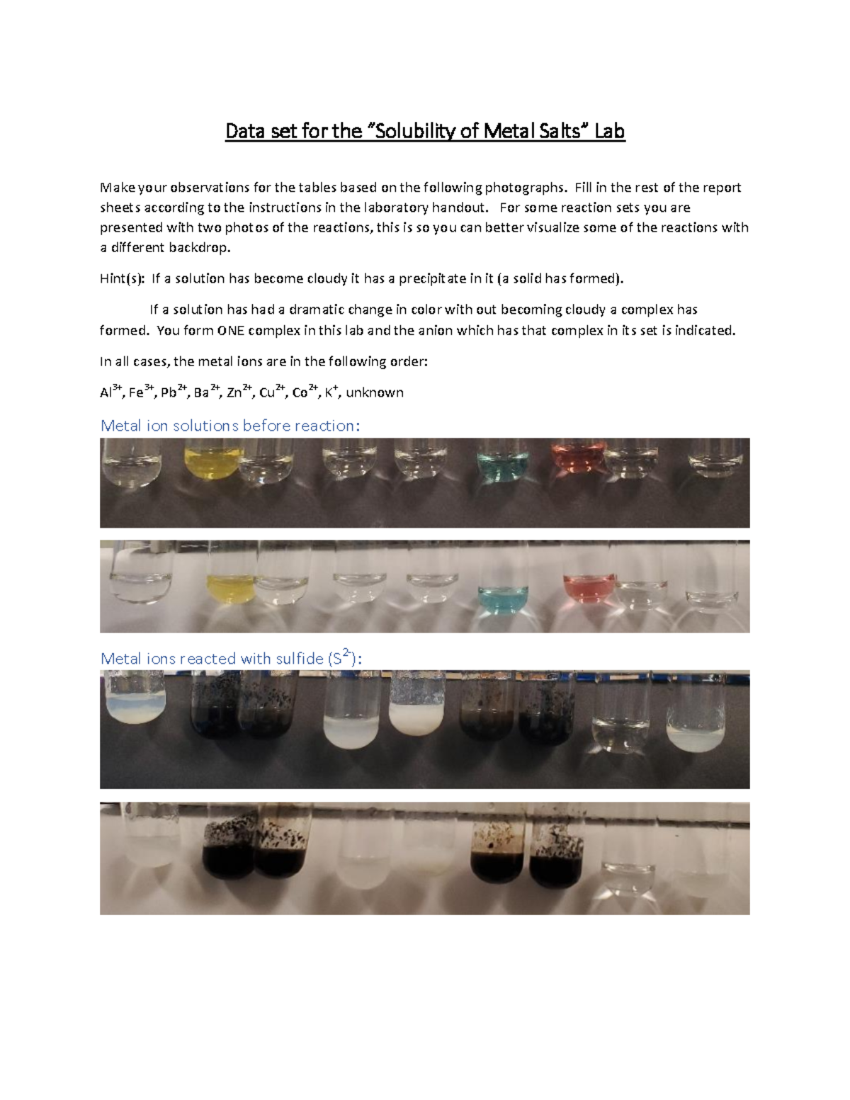 Solubility Of Metal Salts Data Set - CHEM 1211L - Chattahoochee Tech ...