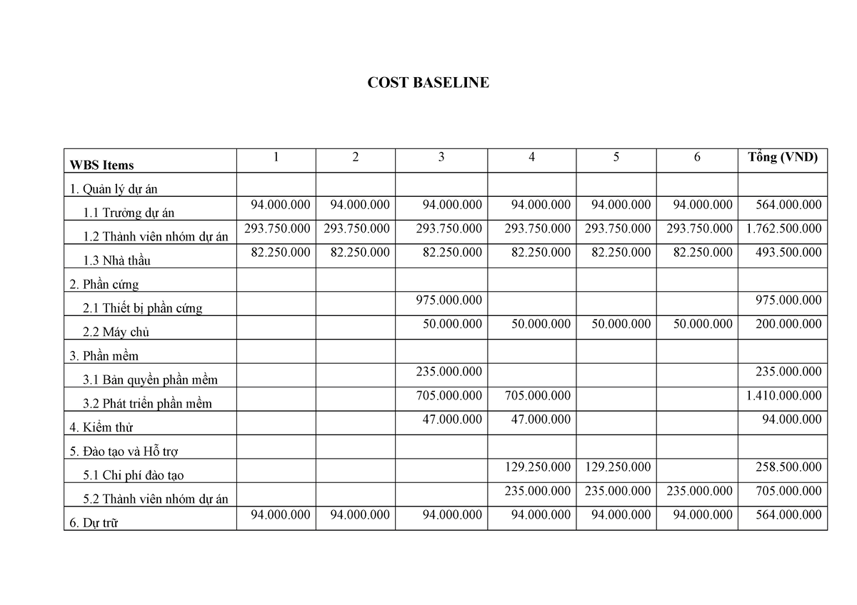 Cost Baseline Management - COST BASELINE WBS Items 1 2 3 4 5 6 Tổng ...