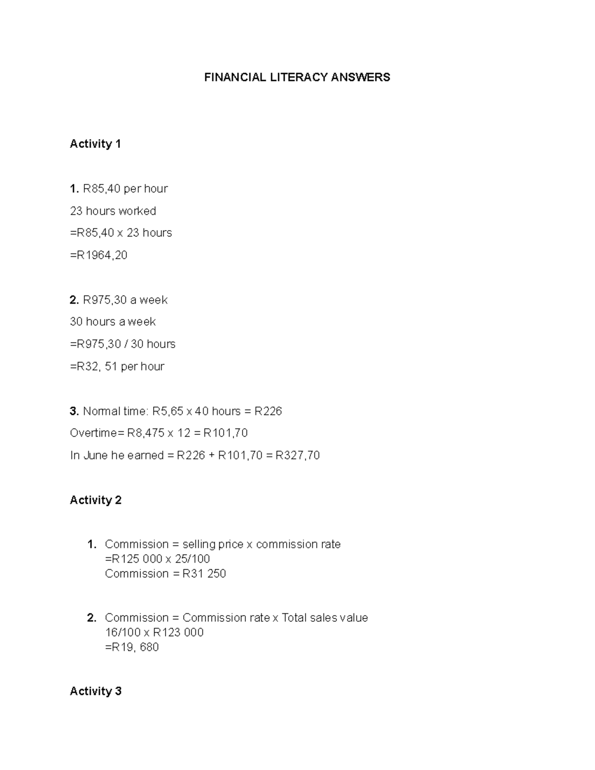 Financial Literacy Answers - FINANCIAL LITERACY ANSWERS Activity 1 1 ...