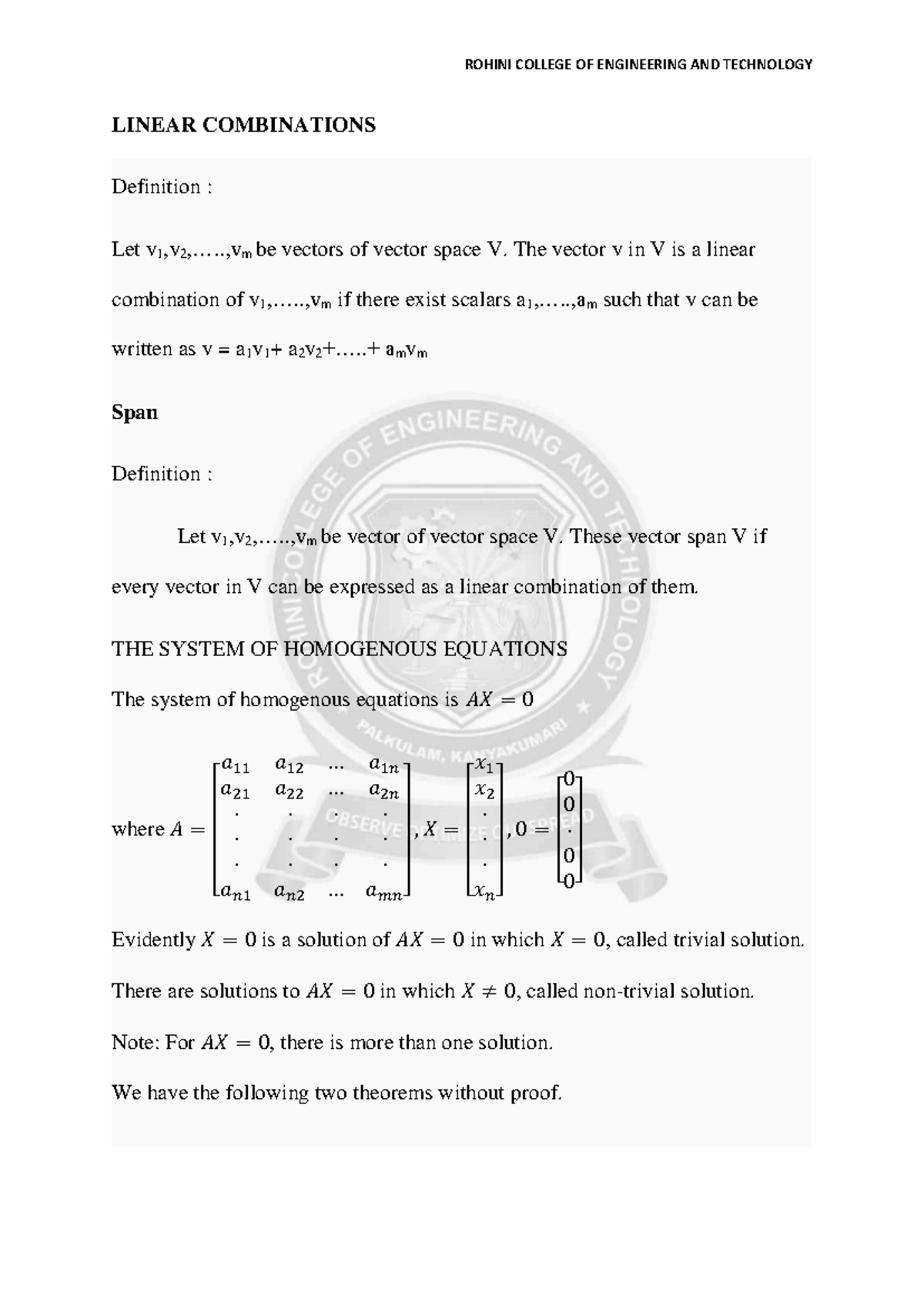 Rohini 19802429503 - Unit 1 notes - LINEAR COMBINATIONS Definition ...