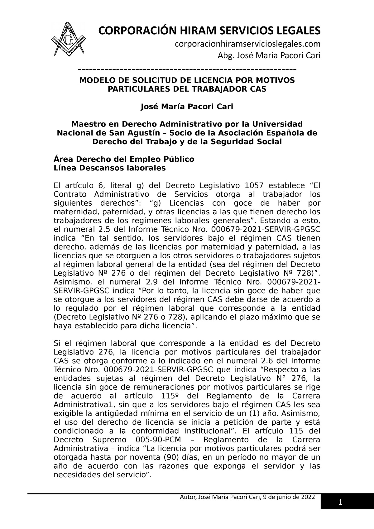 Modelo Solicitud Licencia Por Motivos Particulares Del Trabajador Cas Autor JosÉ María Pacori 1944