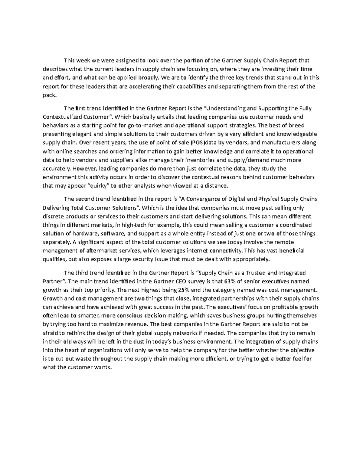 SCM paper 16 - Dr. Formby - This week we were assigned to look over the ...