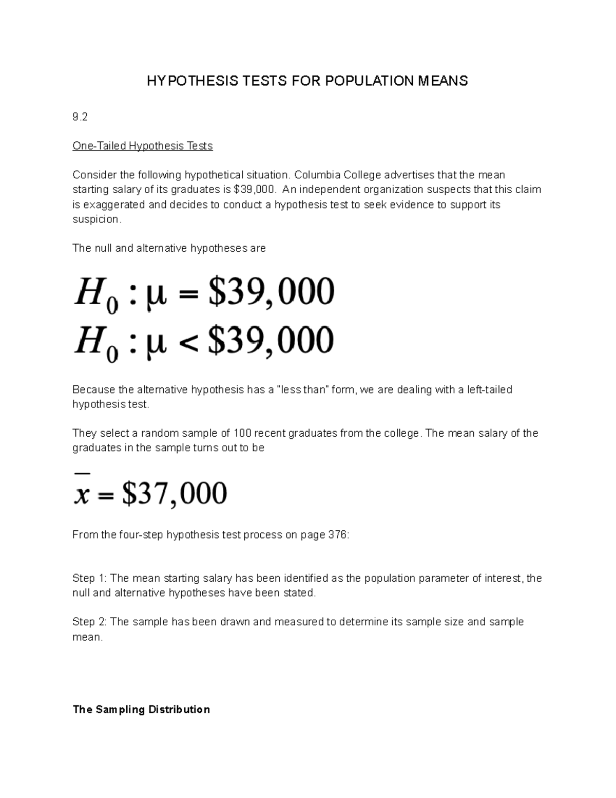 MTH 155 Chapter 9.2 Notes Hypothesis Tests for Population Means Part 1