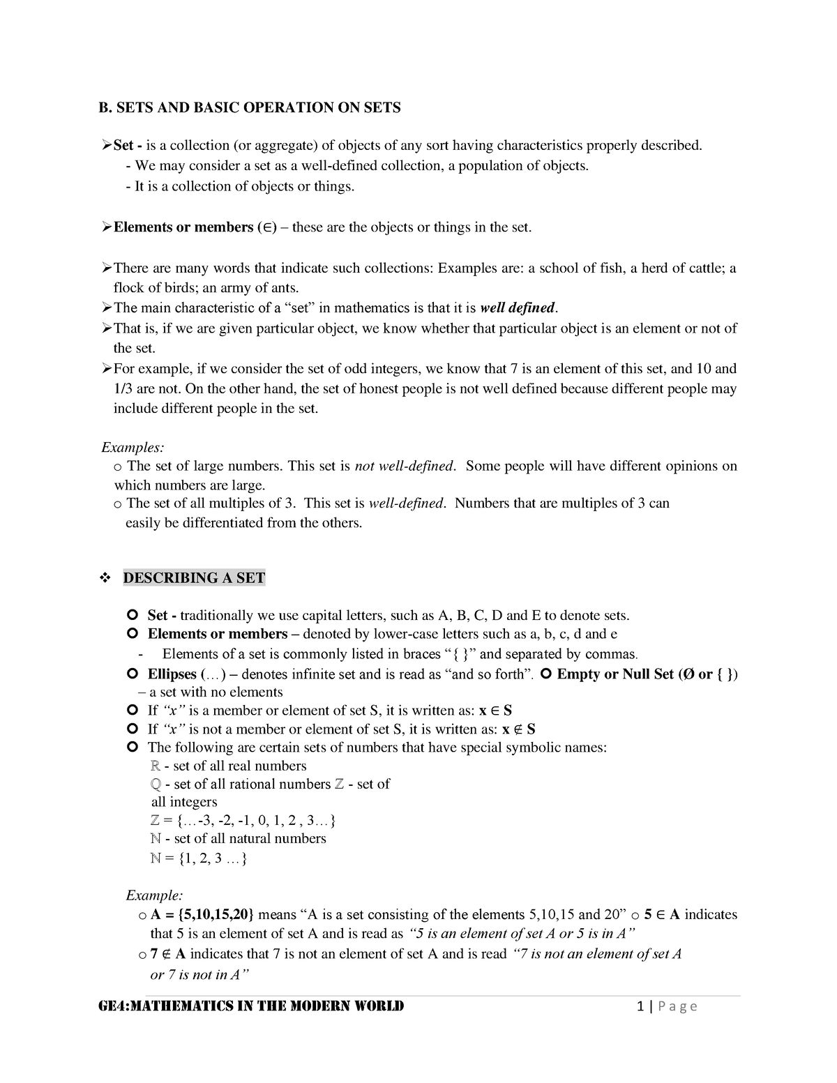 GE4 Midterm Module Sets And Operations - B. SETS AND BASIC OPERATION ON ...