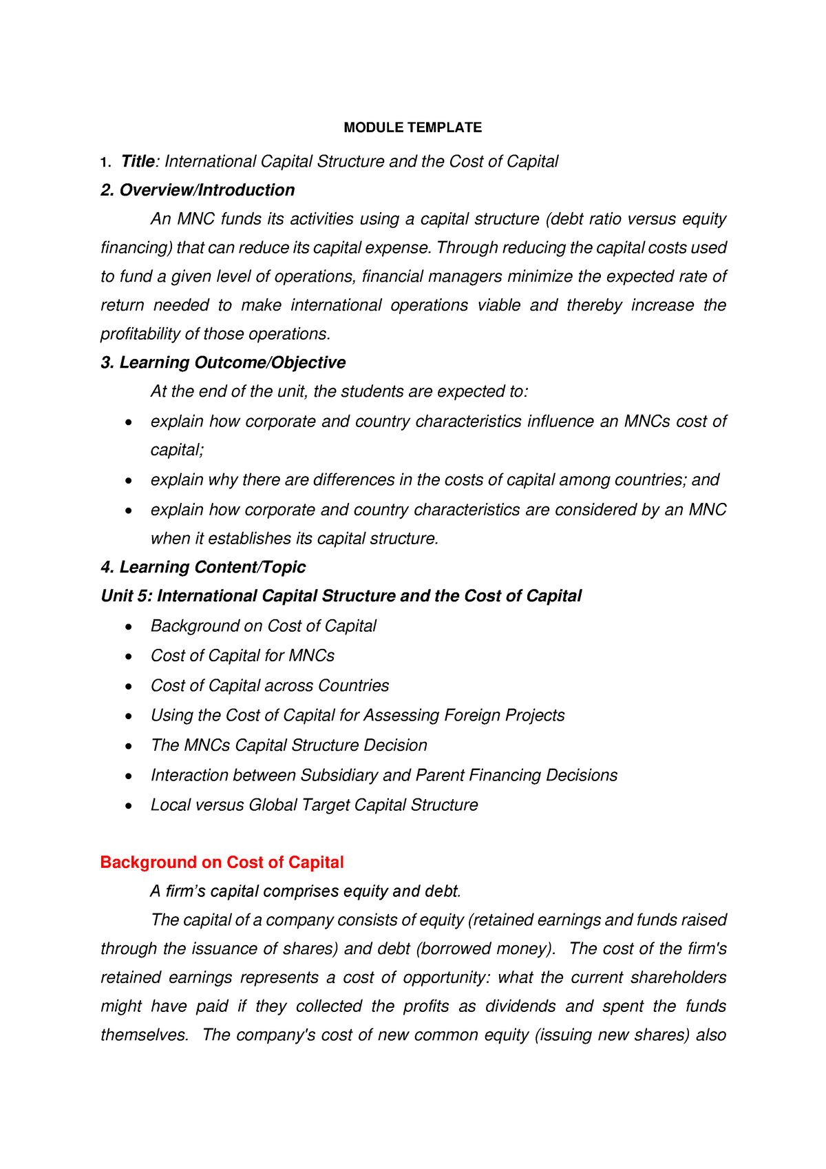 International Capital Structure and the Cost of Capital - MODULE ...