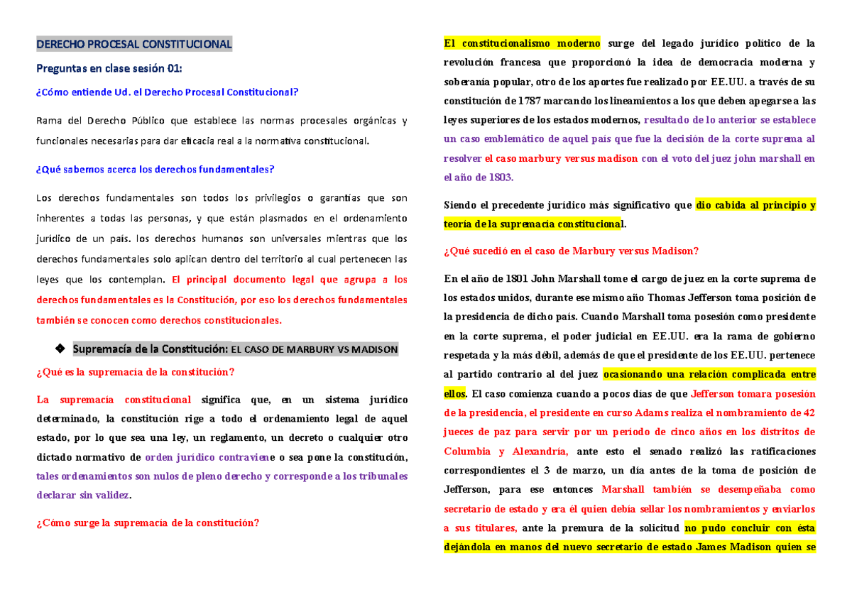 Caso marbury versus madison derecho procesal constitucional preguntas