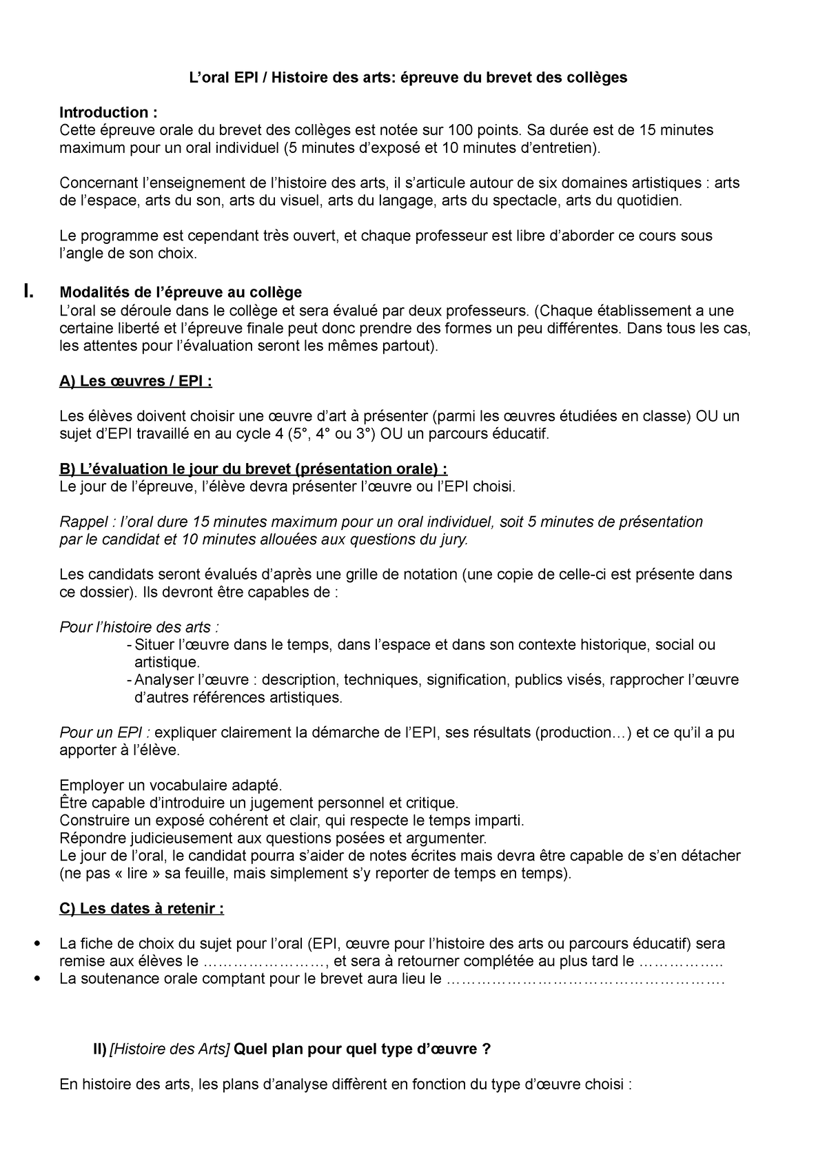 Attendus Et Grille Oral DNB - L’oral EPI / Histoire Des Arts: épreuve ...