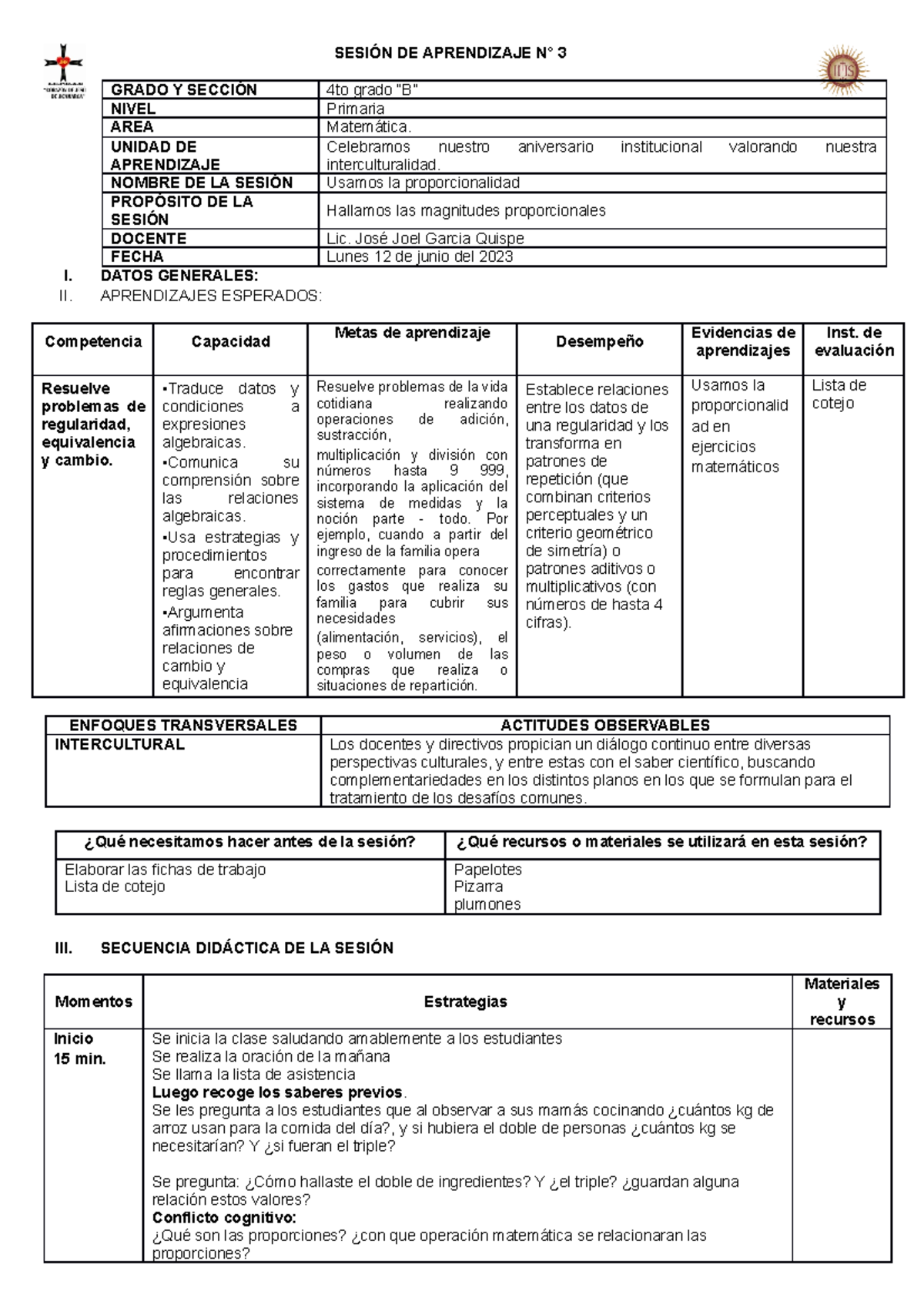 Sesión DE Aprendizaje Semana 3 - SESIÓN DE APRENDIZAJE N° 3 GRADO Y ...