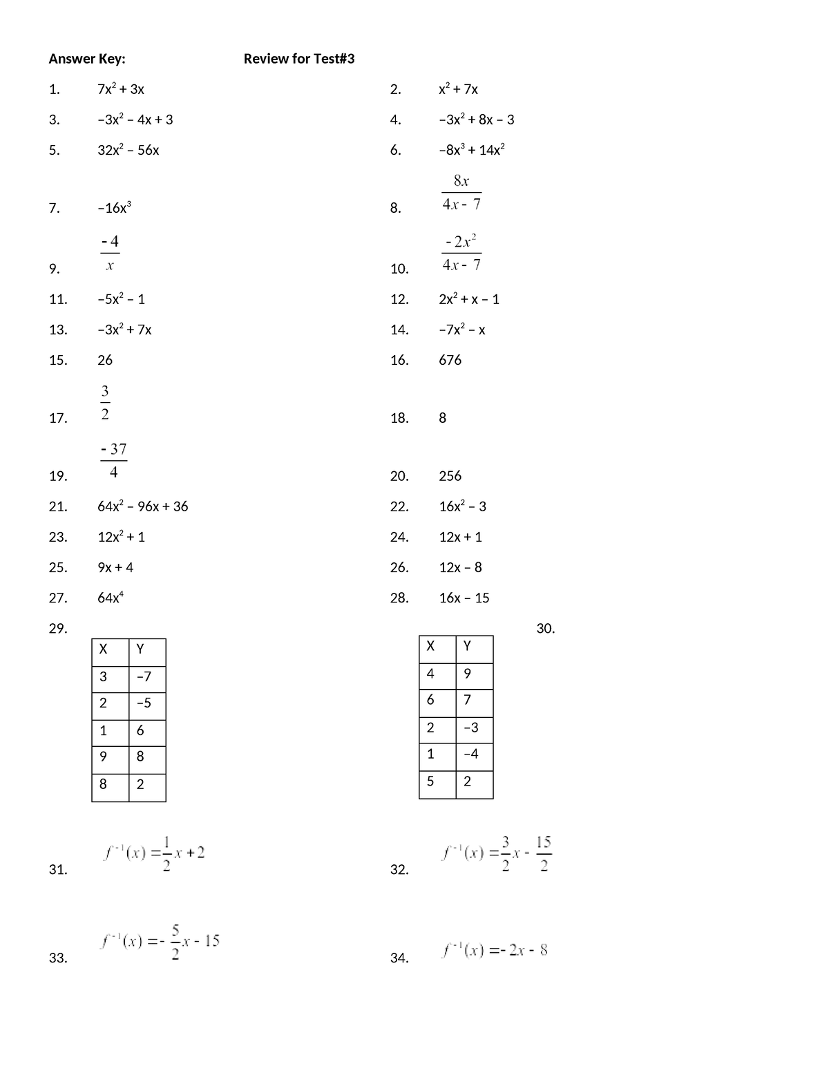 Day4 Answer Key REView - hi there - Answer Key: Review for Test# 7x 2 ...