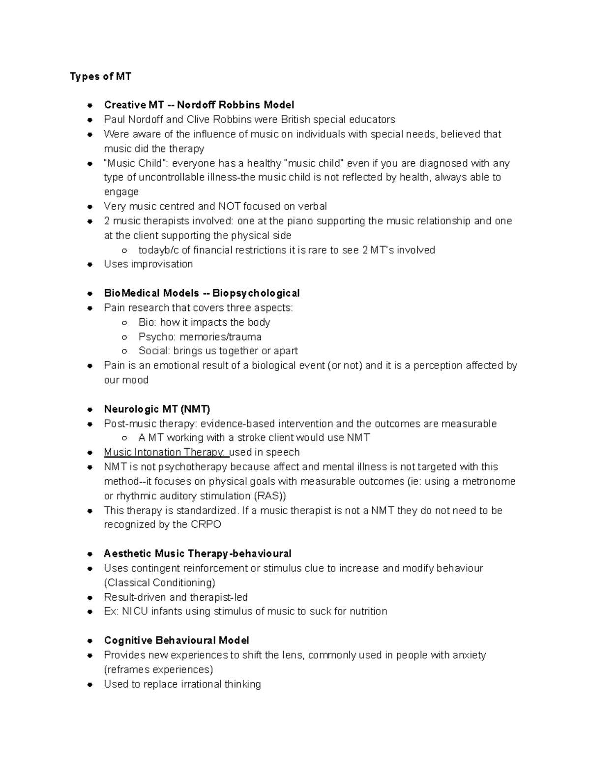 MT Notes test 2 - Types of MT Creative MT - Nordoff Robbins Model Paul ...