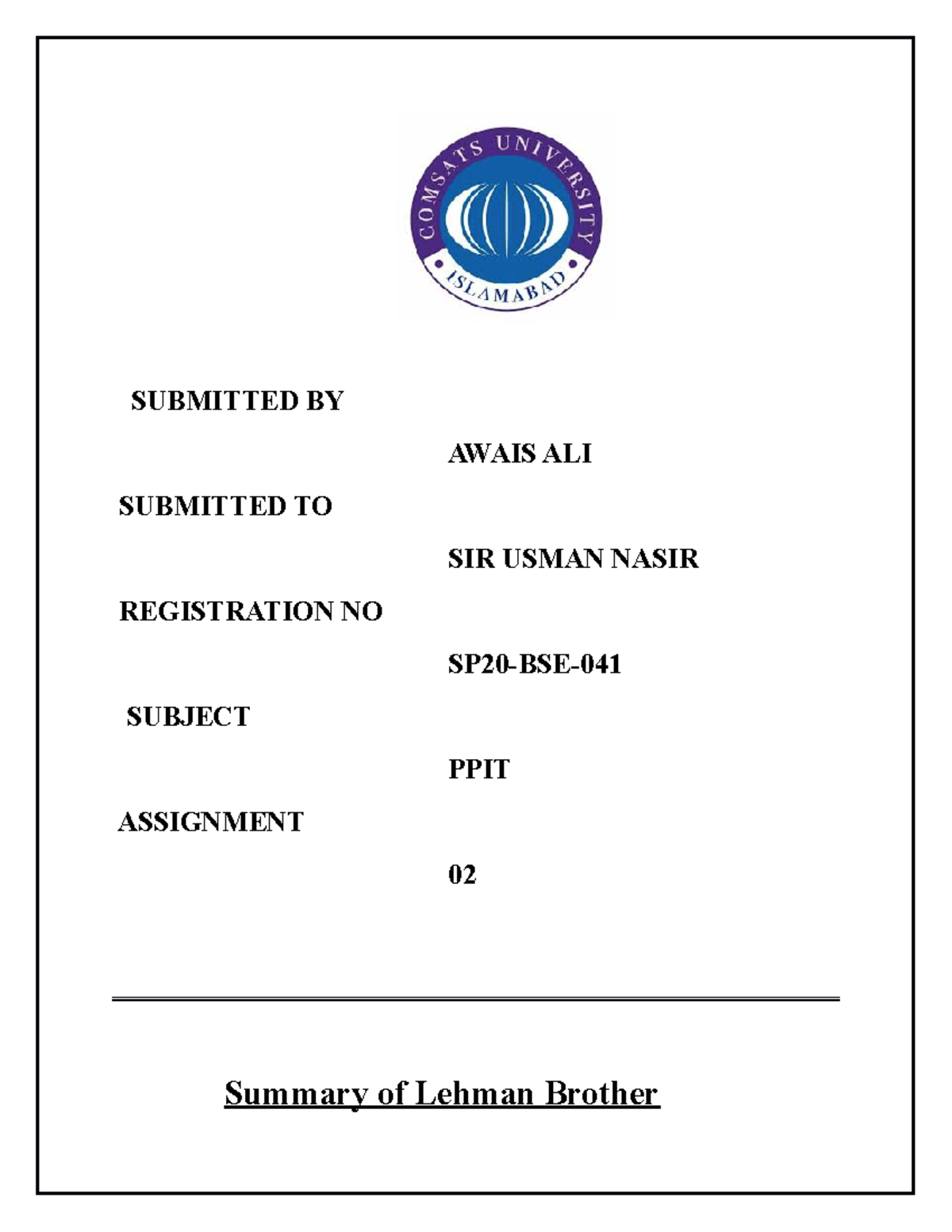 SP20BSE041 (PPIT A2) SUBMITTED BY AWAIS ALI SUBMITTED TO SIR USMAN