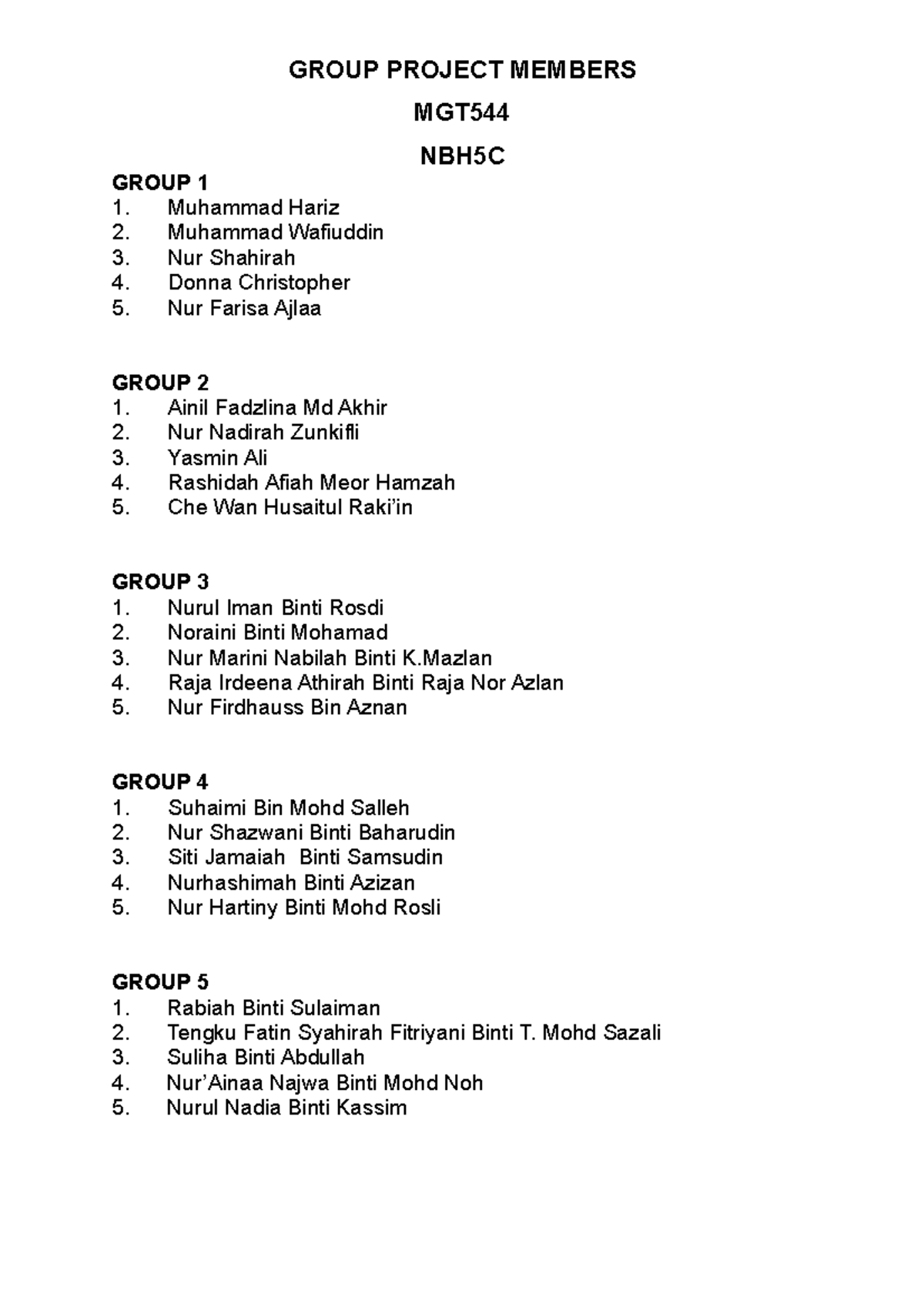 Group Project Members - GROUP PROJECT MEMBERS MGT NBH5C GROUP 1 ...