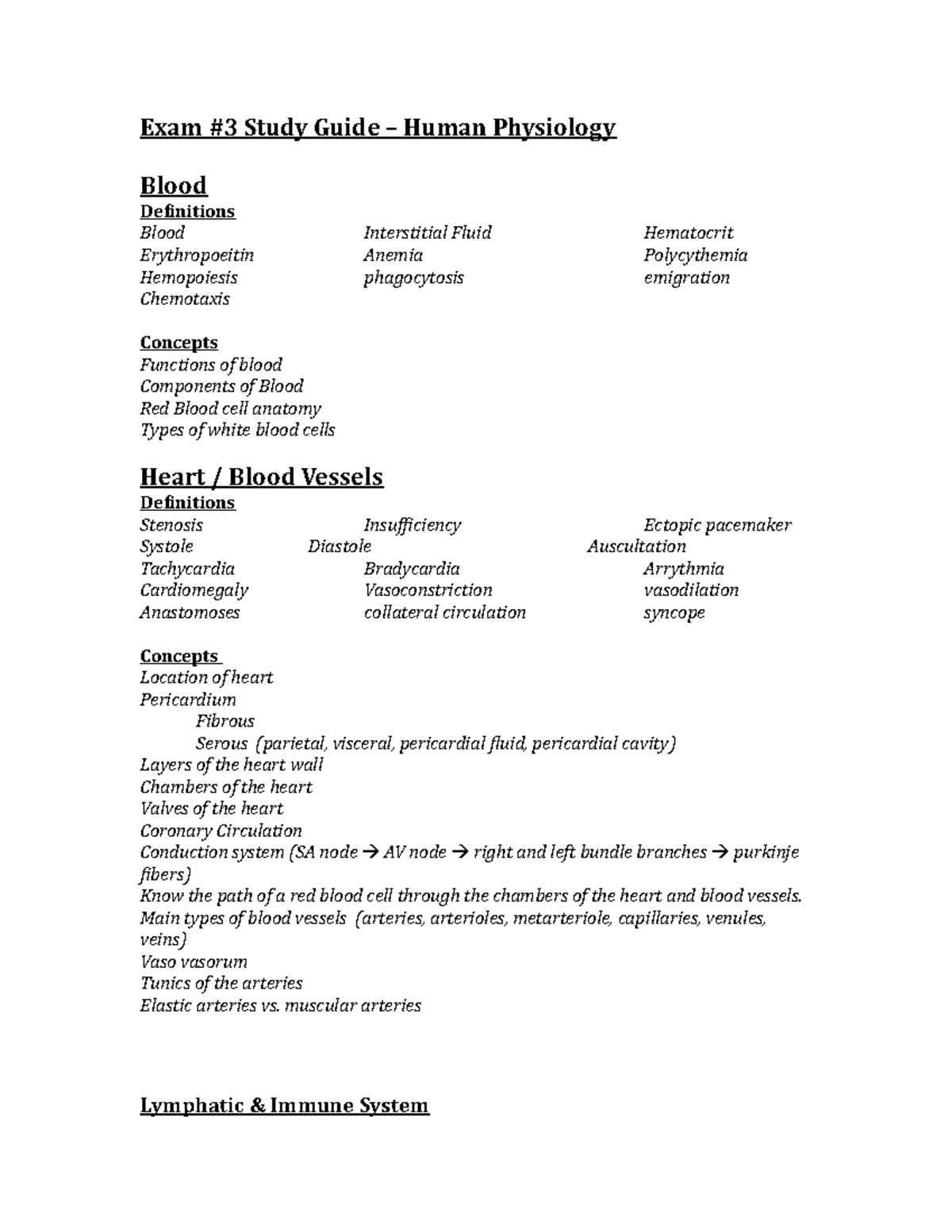 Exam 3 Study Guide - Exam #3 Study Guide – Human Physiology Blood ...