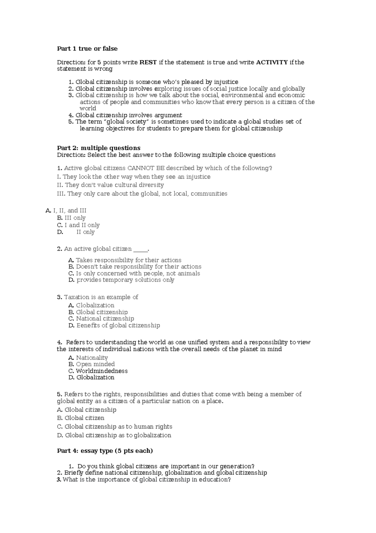 Globalcit exercise - global citizenship - Part 1 true or false ...