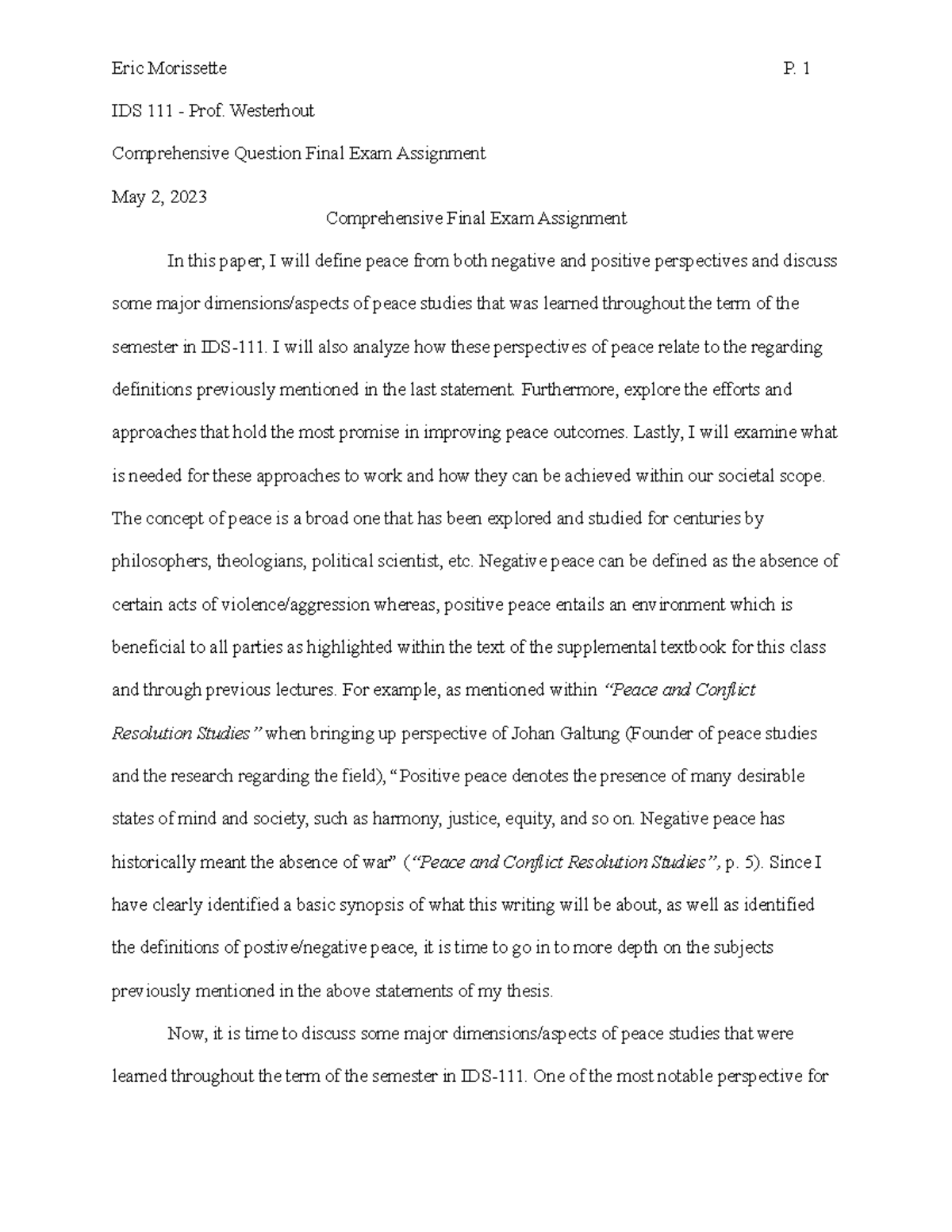 Comprehensive Final Exam Assignment - Eric Morissette P. 1 IDS 111 ...
