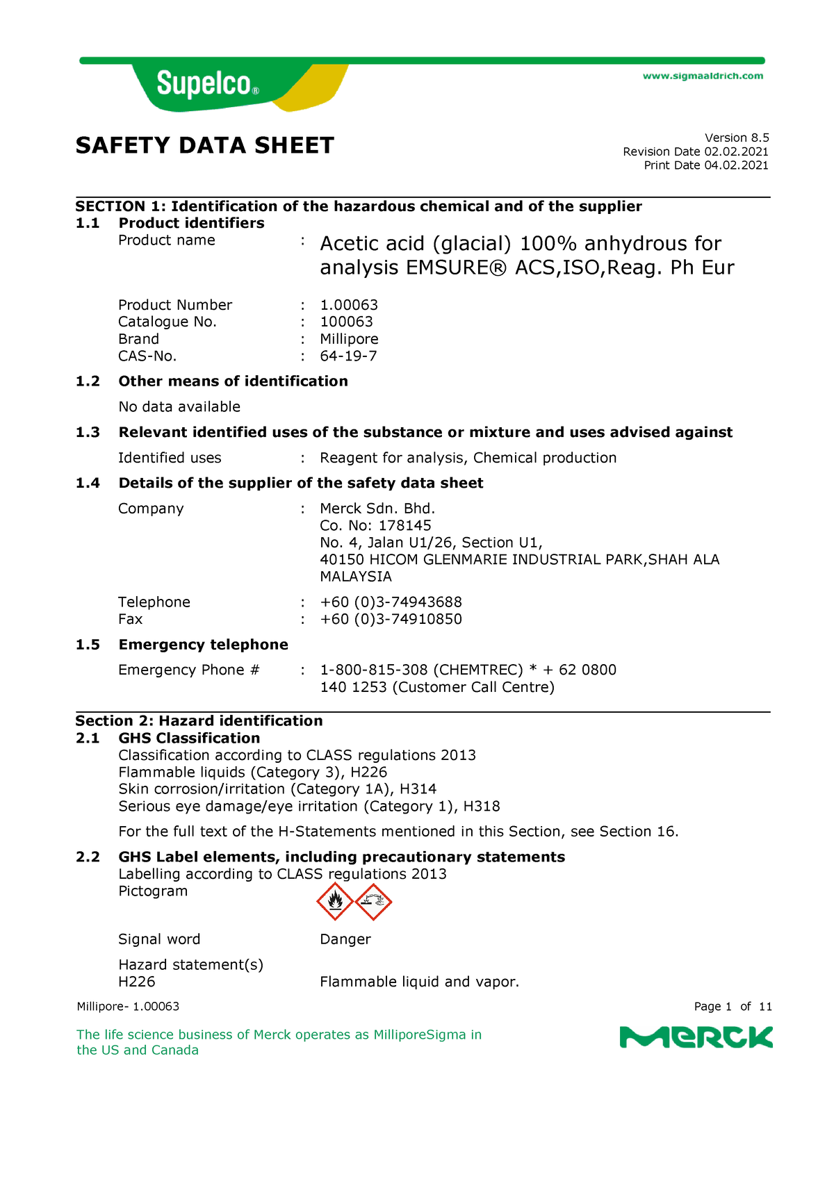 1 Acetic Acid Sds Safety Data Sheet Millipore 1 Page 1 Of 11 The   Thumb 1200 1697 