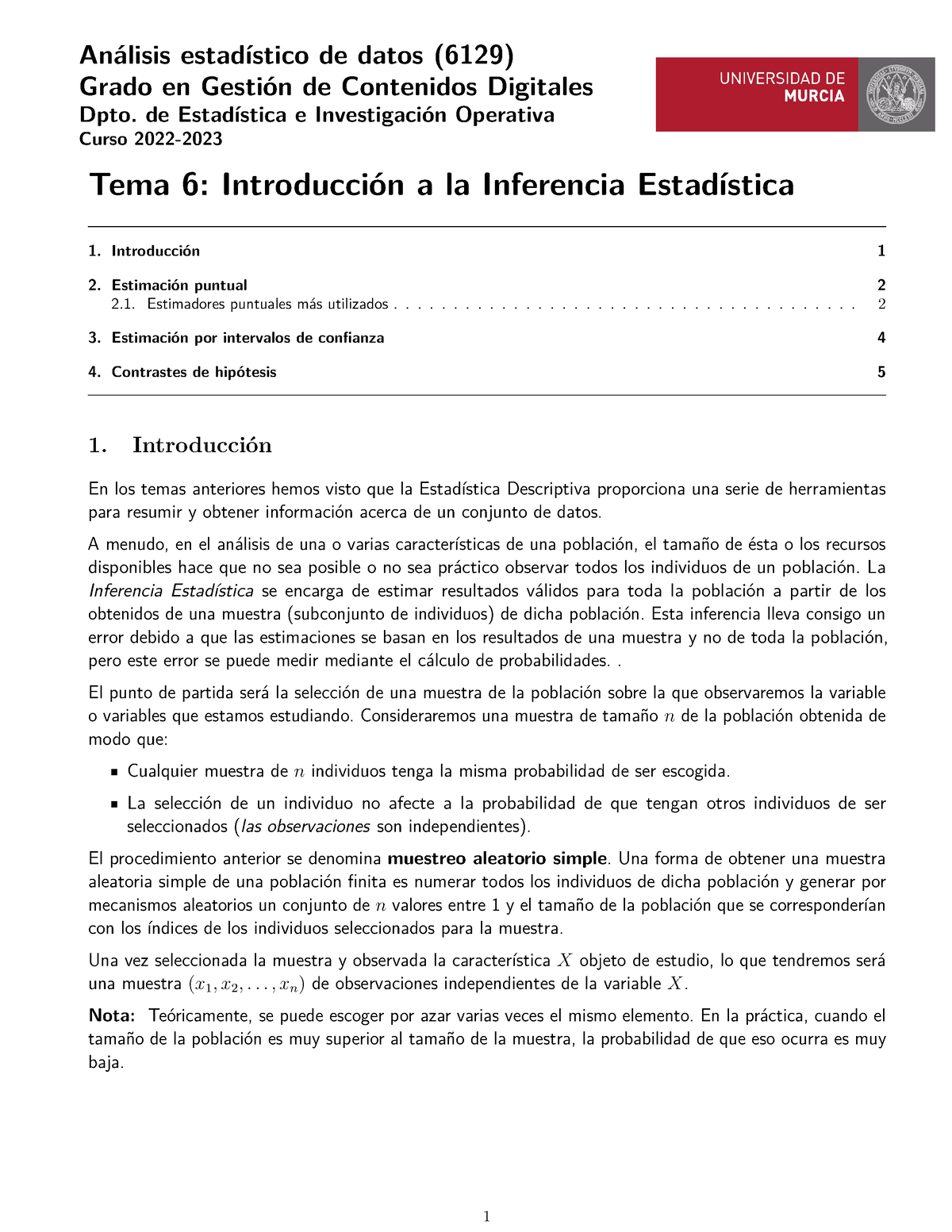 T6.- Introducción A La Inferencia Estadística - Análisis Estadístico De ...