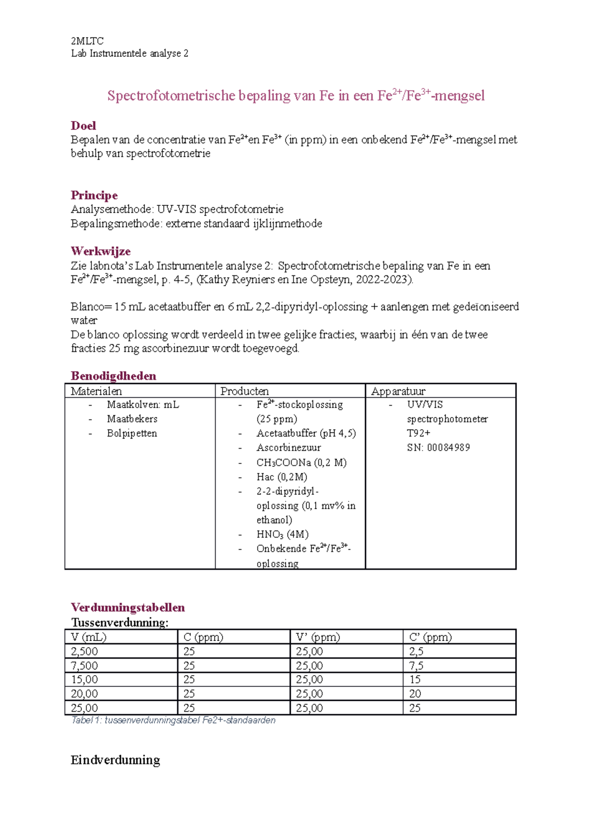 Spectrofotometrische Bepaling Van Fe - 4-5, (Kathy Reyniers En Ine ...