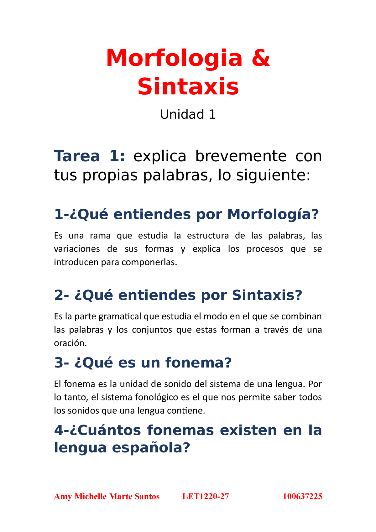 Morfologia Sintaxis Unidad I - Morfologia & Sintaxis Unidad 1 Tarea 1 ...