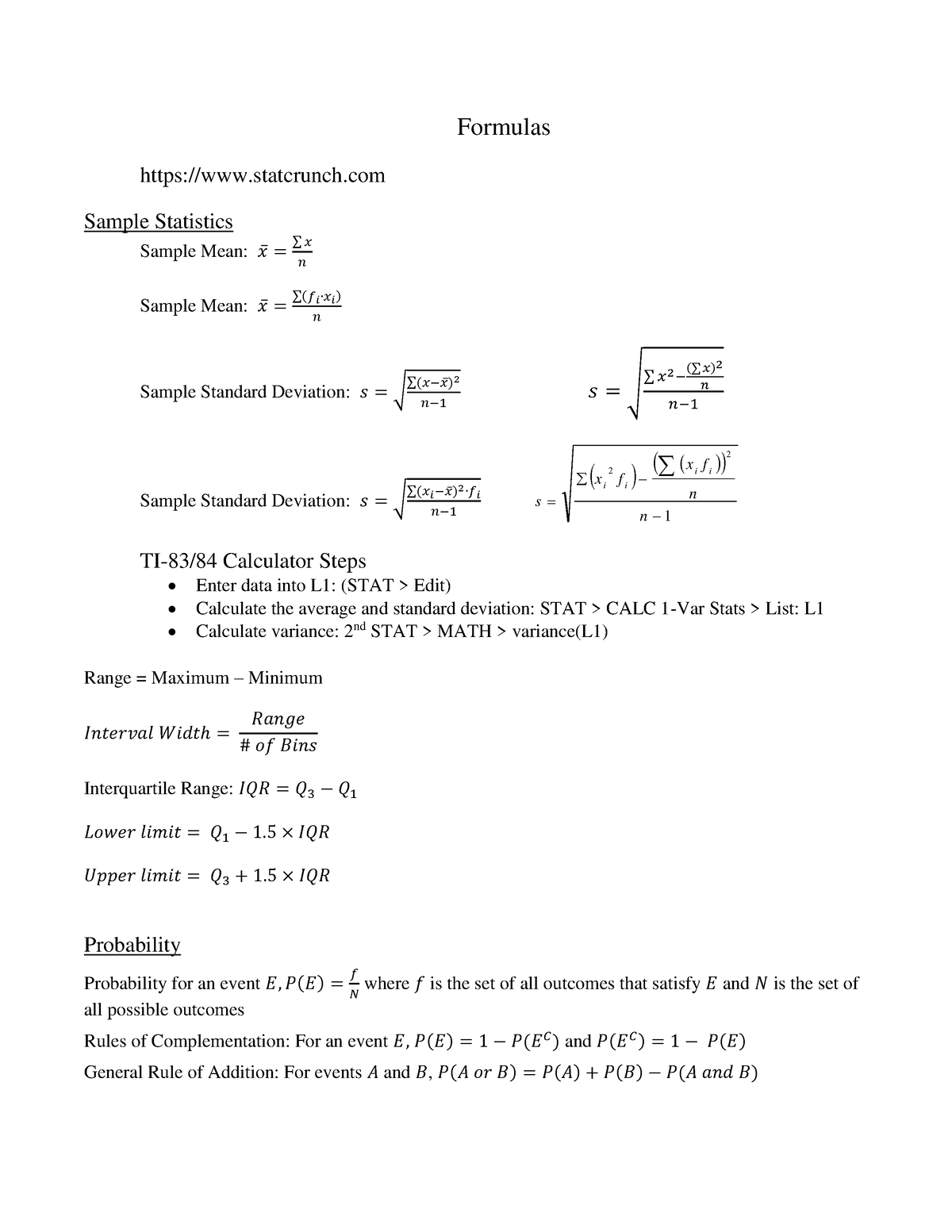 FA21 Exam1 Formulas - Formulas statcrunch Sample Statistics Sample Mean ...