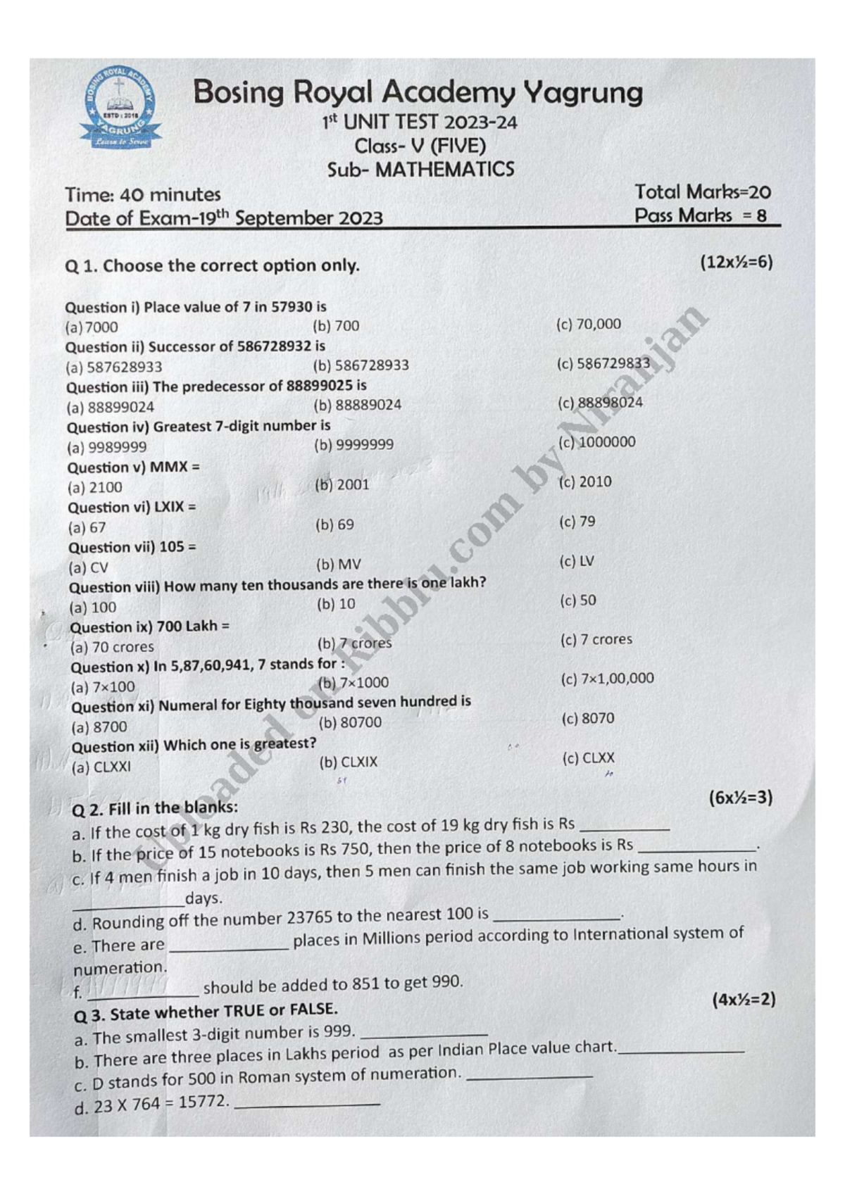 Cbse class 5 maths test paper bosing royal academy - Mathematics ...