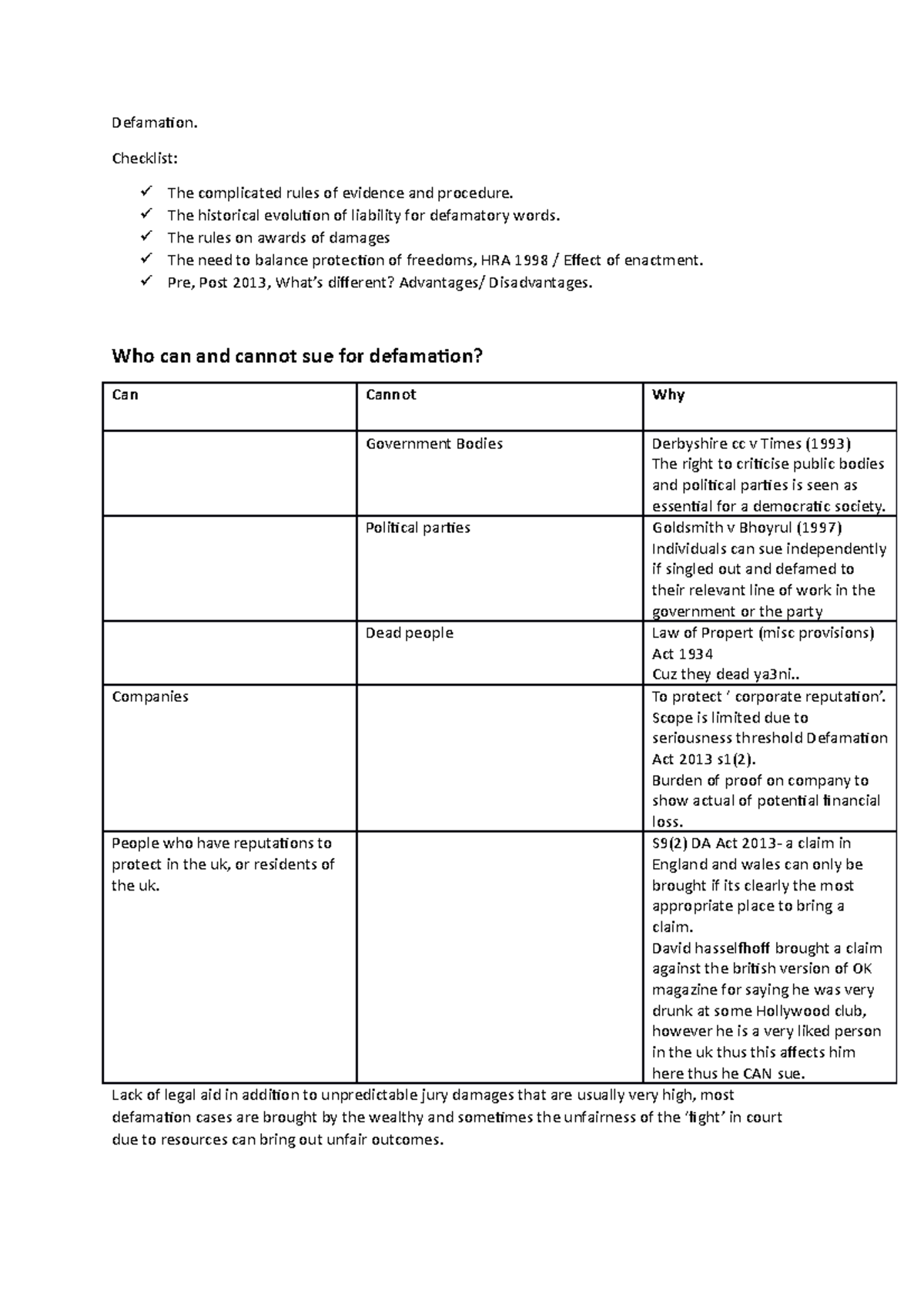 Tort law notes - Defamation. Checklist: The complicated rules of ...