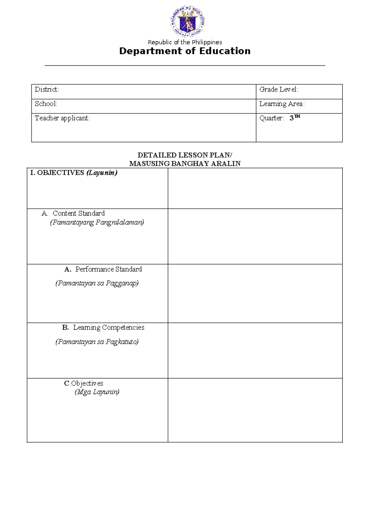 Dlp format - n/a - Department of Education District: Grade Level ...