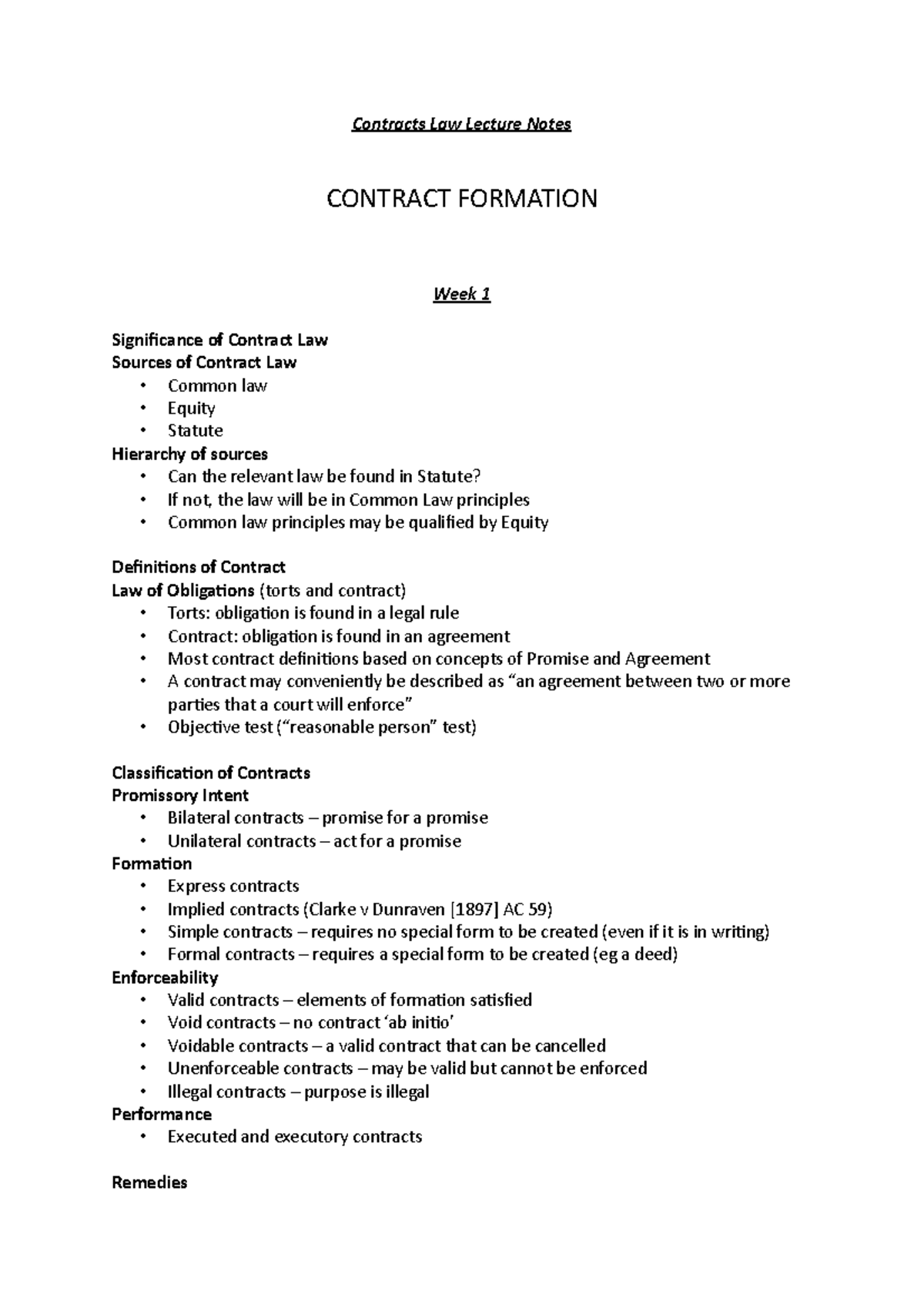 LAWS104 Contract formation (weeks 1-4) - Contracts Law Lecture Notes ...