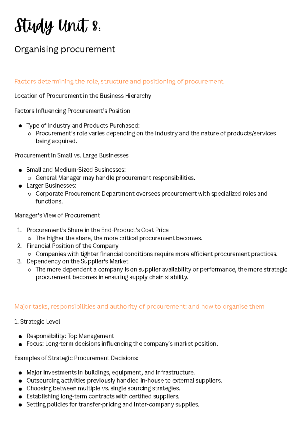 Study Unit 8 - notes - Study Unit 8: Organising procurement Factors ...