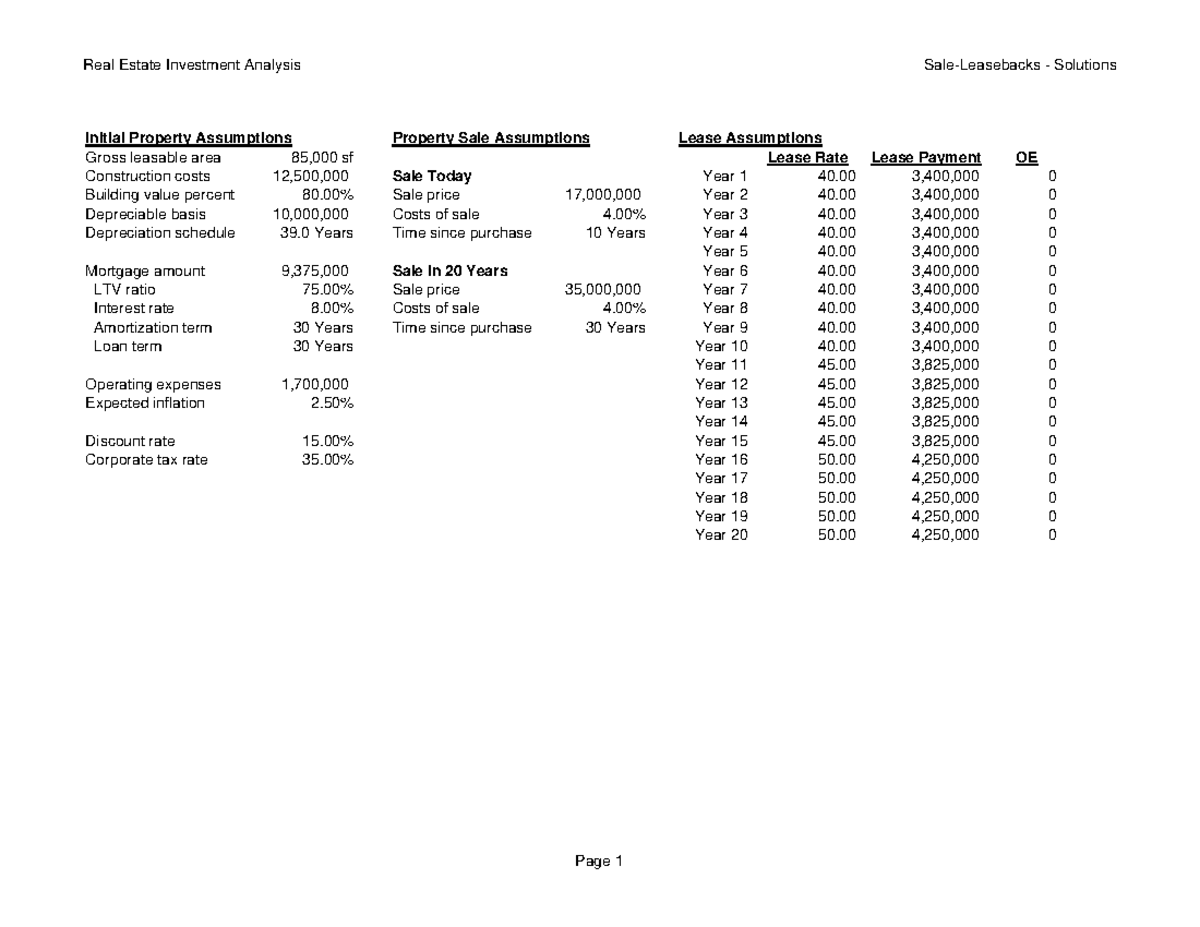 RE618 HW Sale Leasebacks S - Initial Property Assumptions Property Sale ...