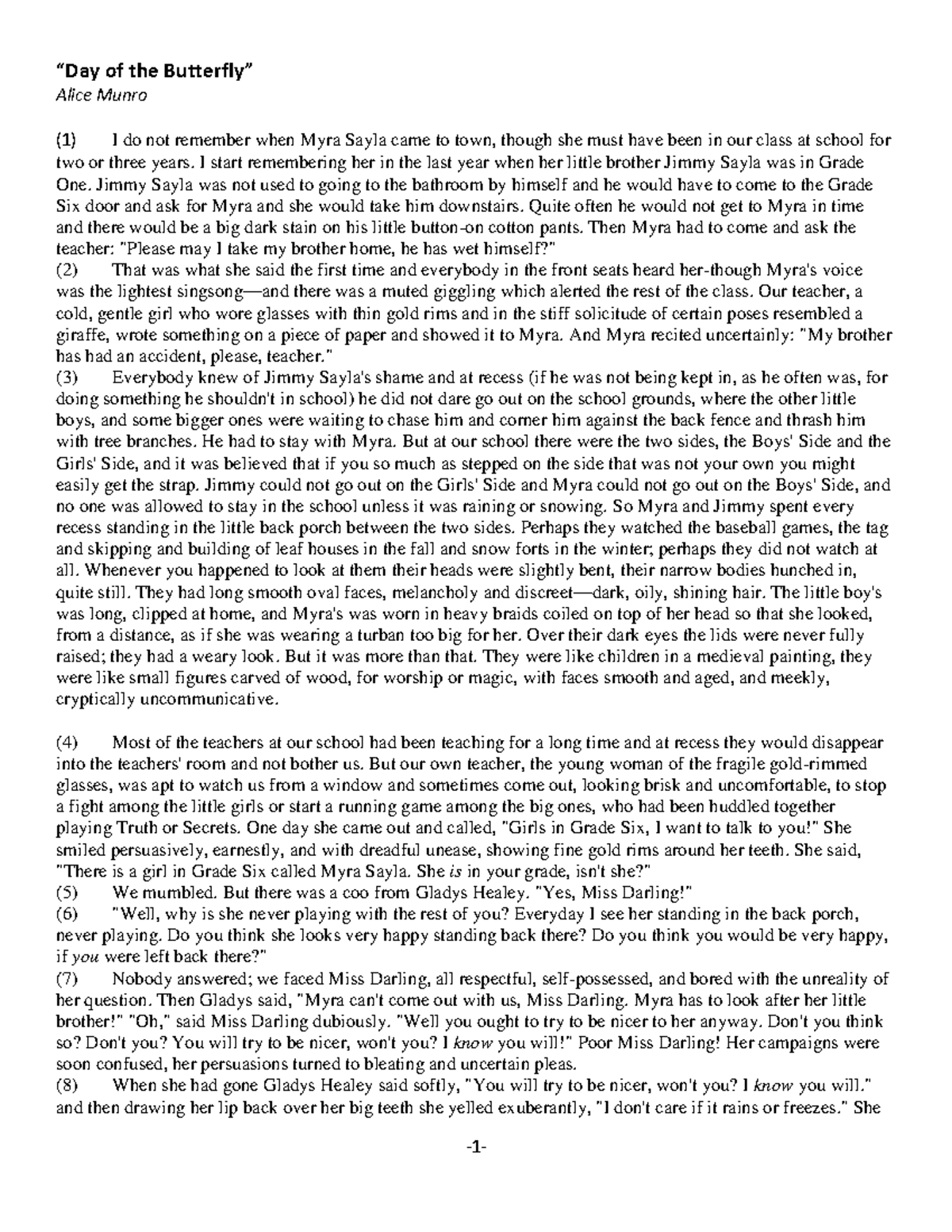 Day of the butterfly Short story “Day of the Butterfly” Alice Munro