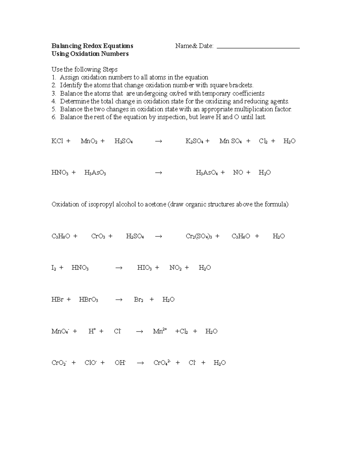 02 - Balancing Equation Worksheet - Balancing Redox Equations Name ...