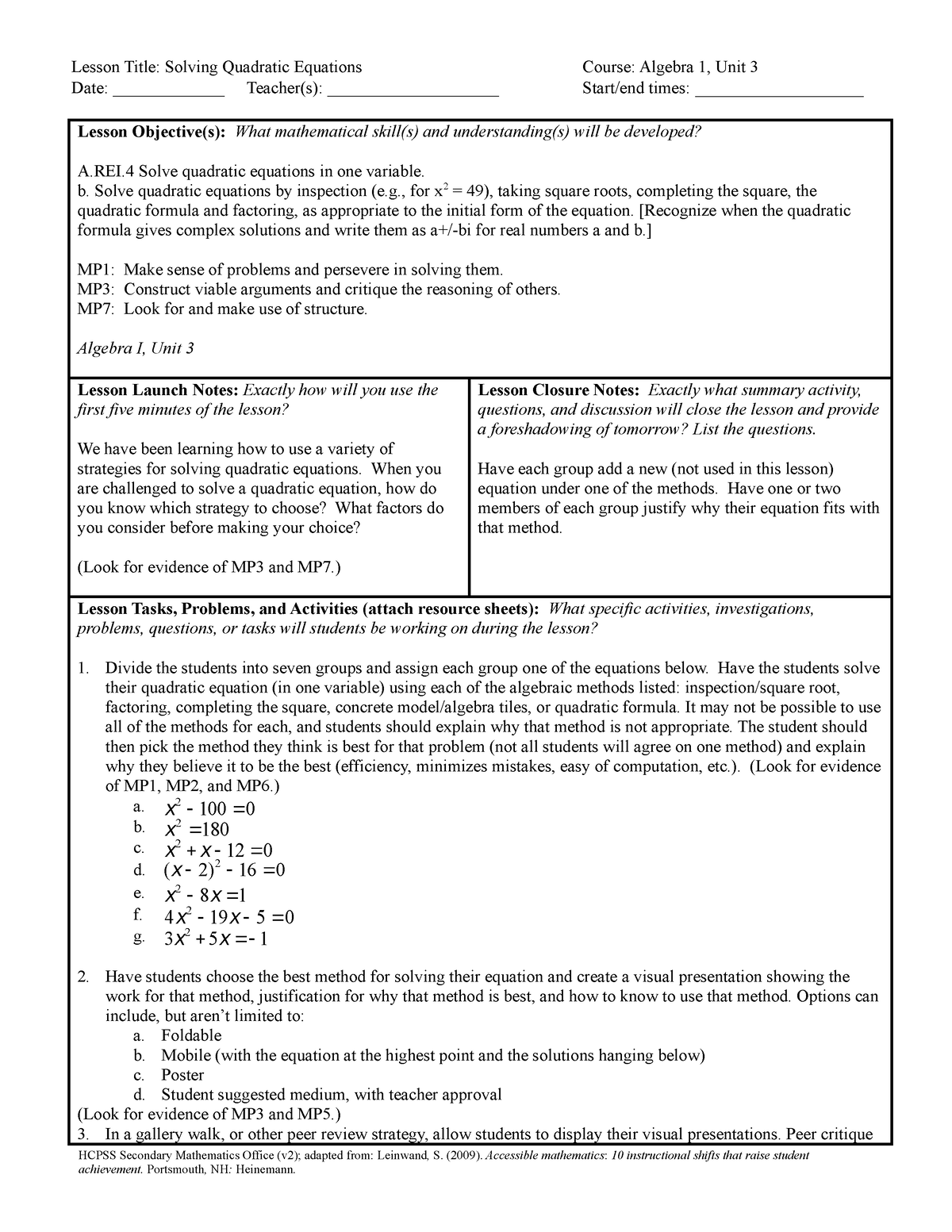 A Rei B 4b Lesson Solving Quadratic Equations - Lesson Title: Solving ...