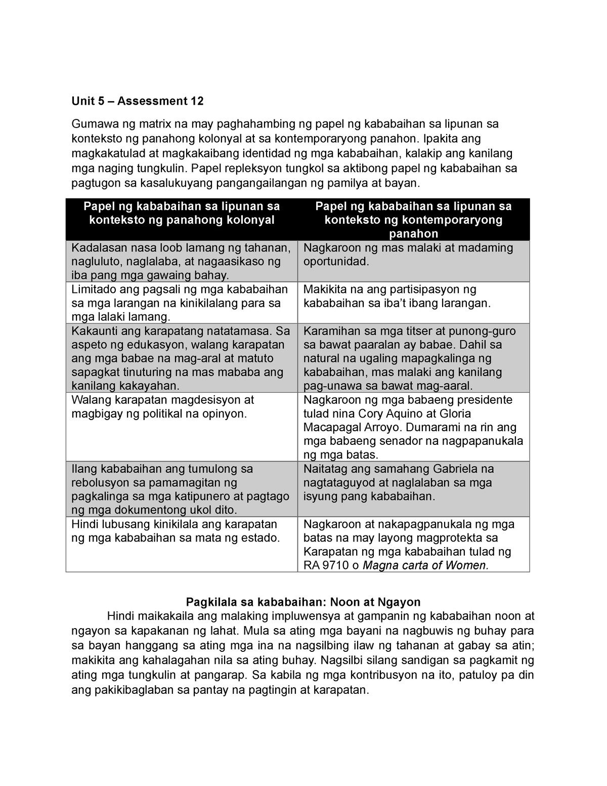 Unit 5 - Lecture Notes - Unit 5 – Assessment 12 Gumawa ng matrix na may