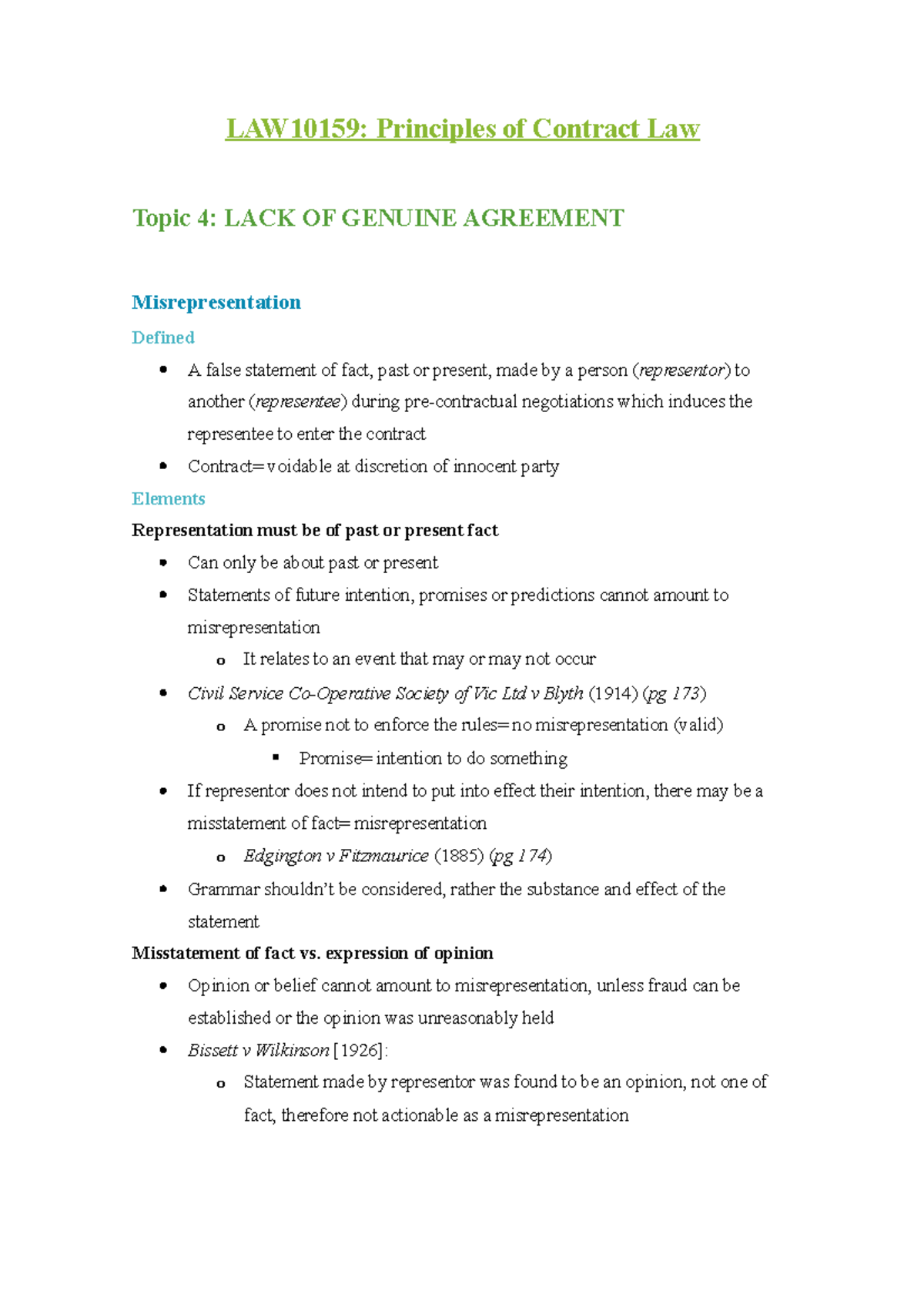 LAW10159 Notes - Summary Principles of Contract Law - LAW10159 ...