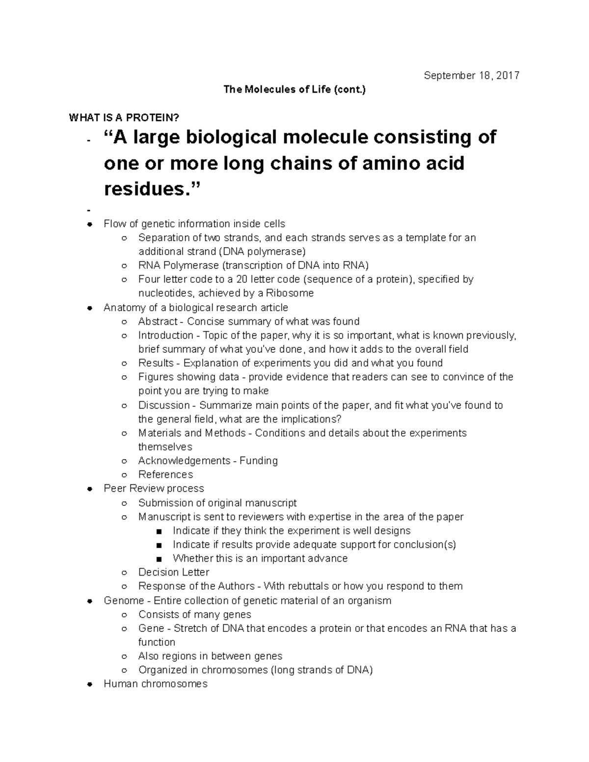 Day 6 The Molecules of Life (cont September 18, 2017 The Molecules