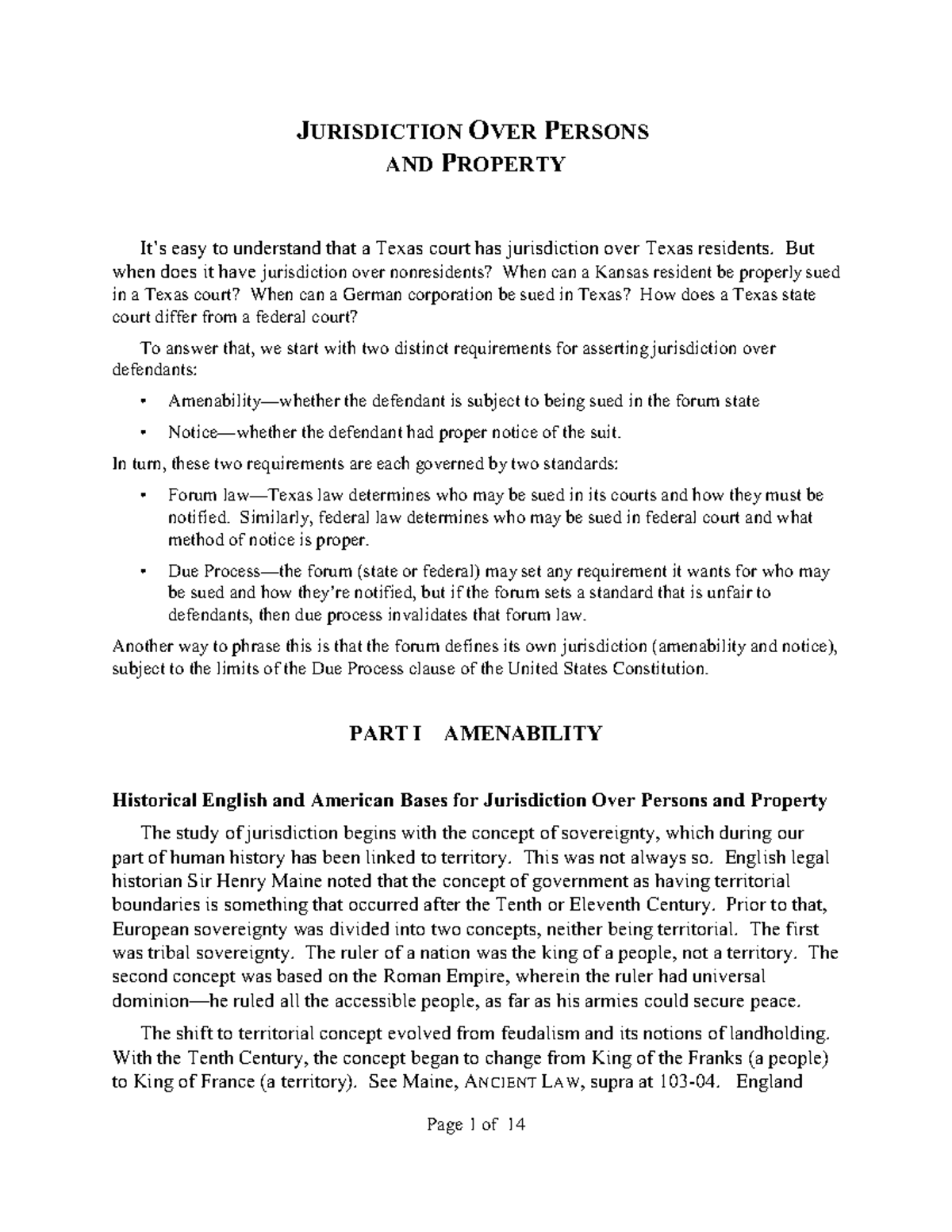 Personal Jurisdiction Summary JURISDICTION OVER PERSONS AND PROPERTY