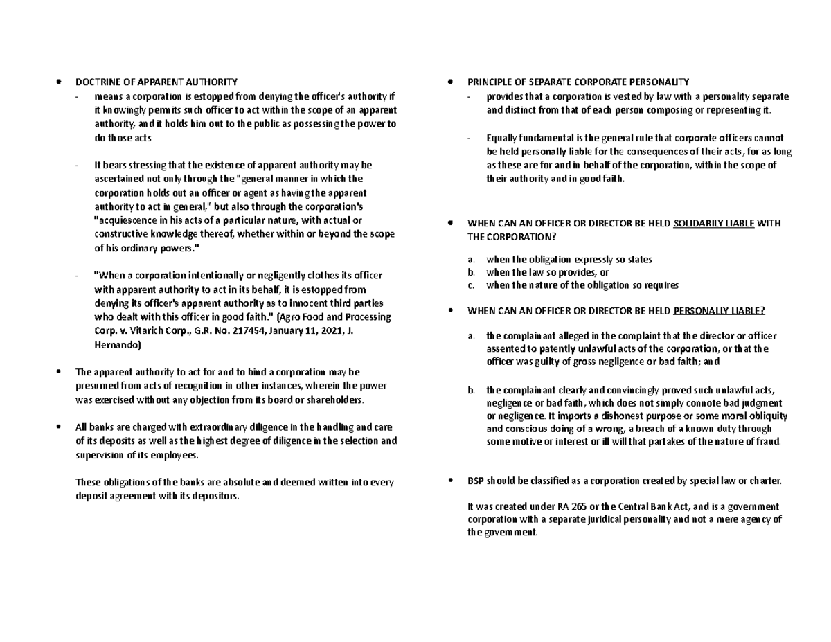 Commercial LAW Points TO Ponder - DOCTRINE OF APPARENT AUTHORITY means ...