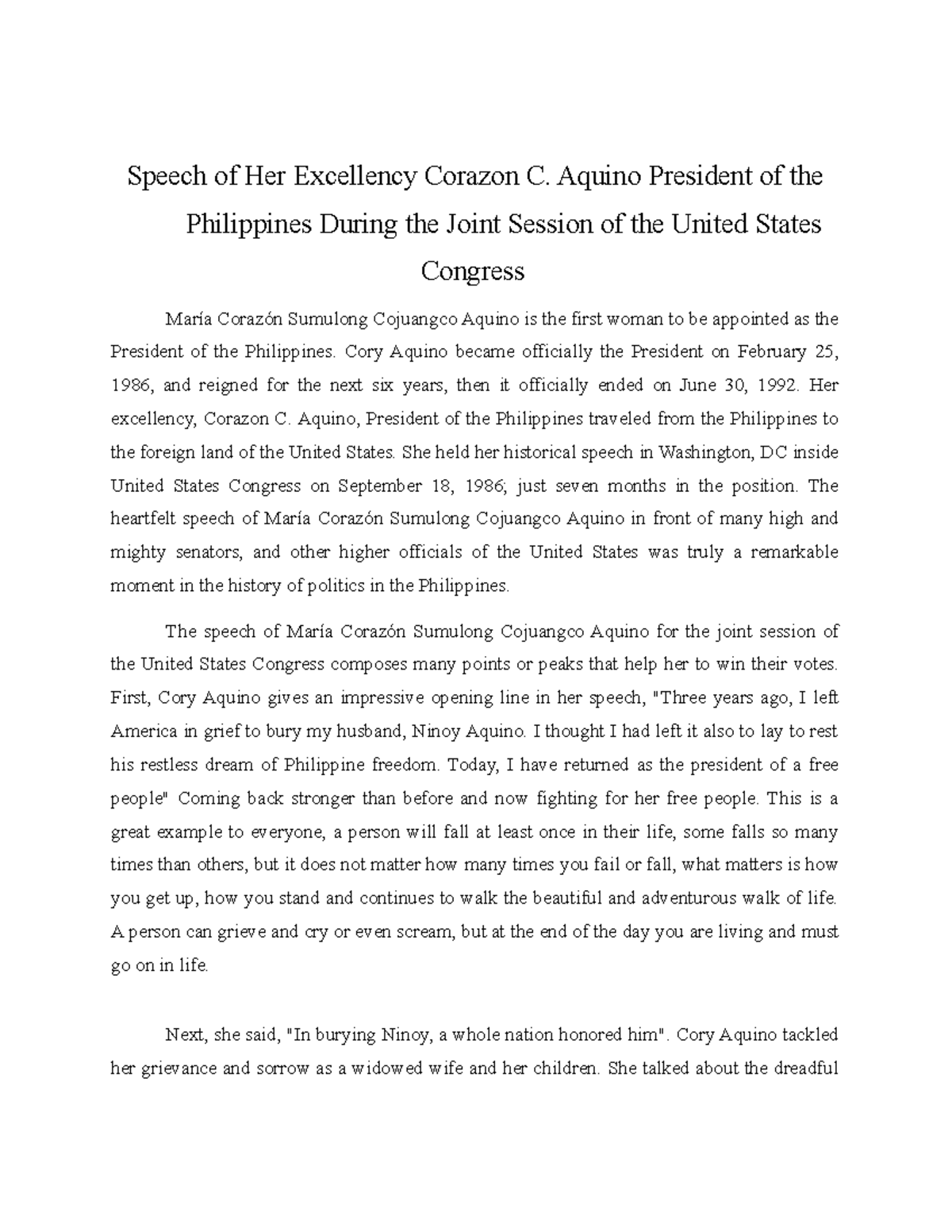 Speech Review - Speech Of Her Excellency Corazon C. Aquino President Of ...