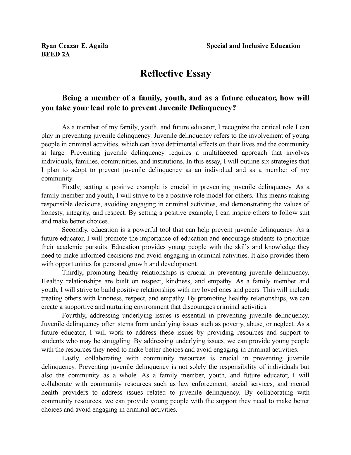 Reflective Essay in Roles - Ryan Ceazar E. Aguila Special and Inclusive ...