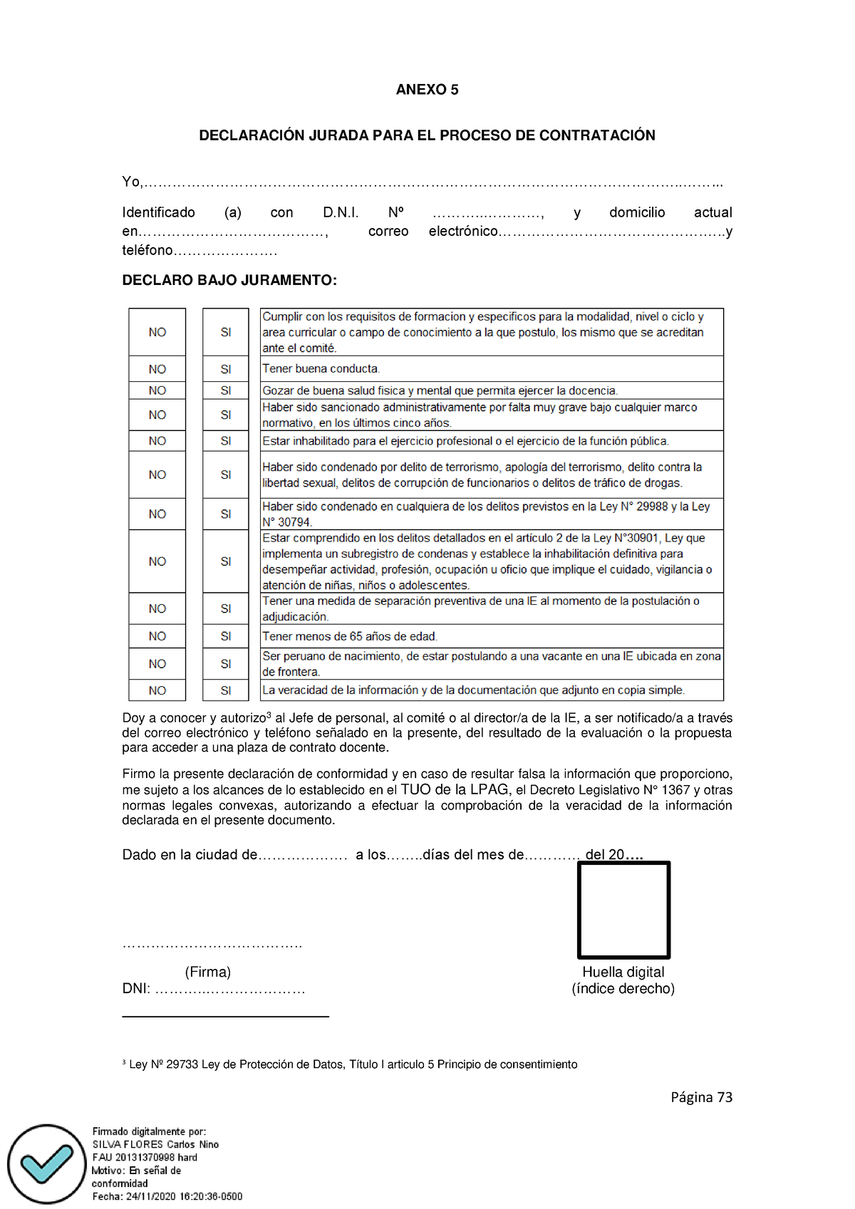 Anexos Del 5 A 9 Del DS 015 - 2020 - Minedu - DECLARACIÓN JURADA PARA ...