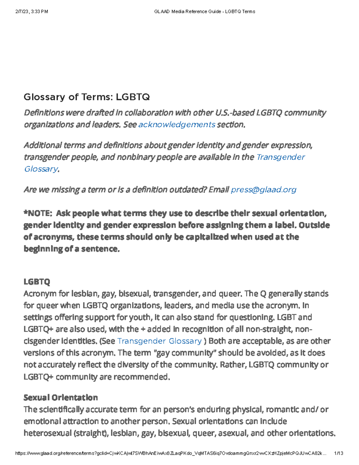 Glossary Lgbtqiaterms - Glossary Of Terms: LGBTQ Denitions Were Drafted ...