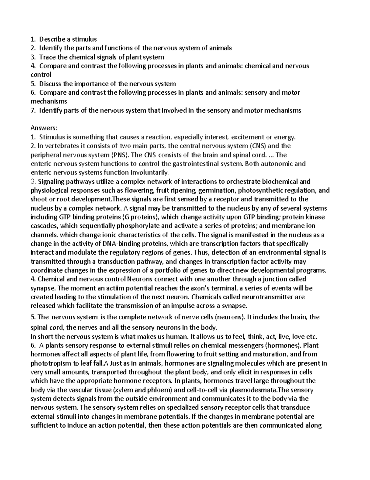 Nervous System - Describe a stimulus Identify the parts and functions ...