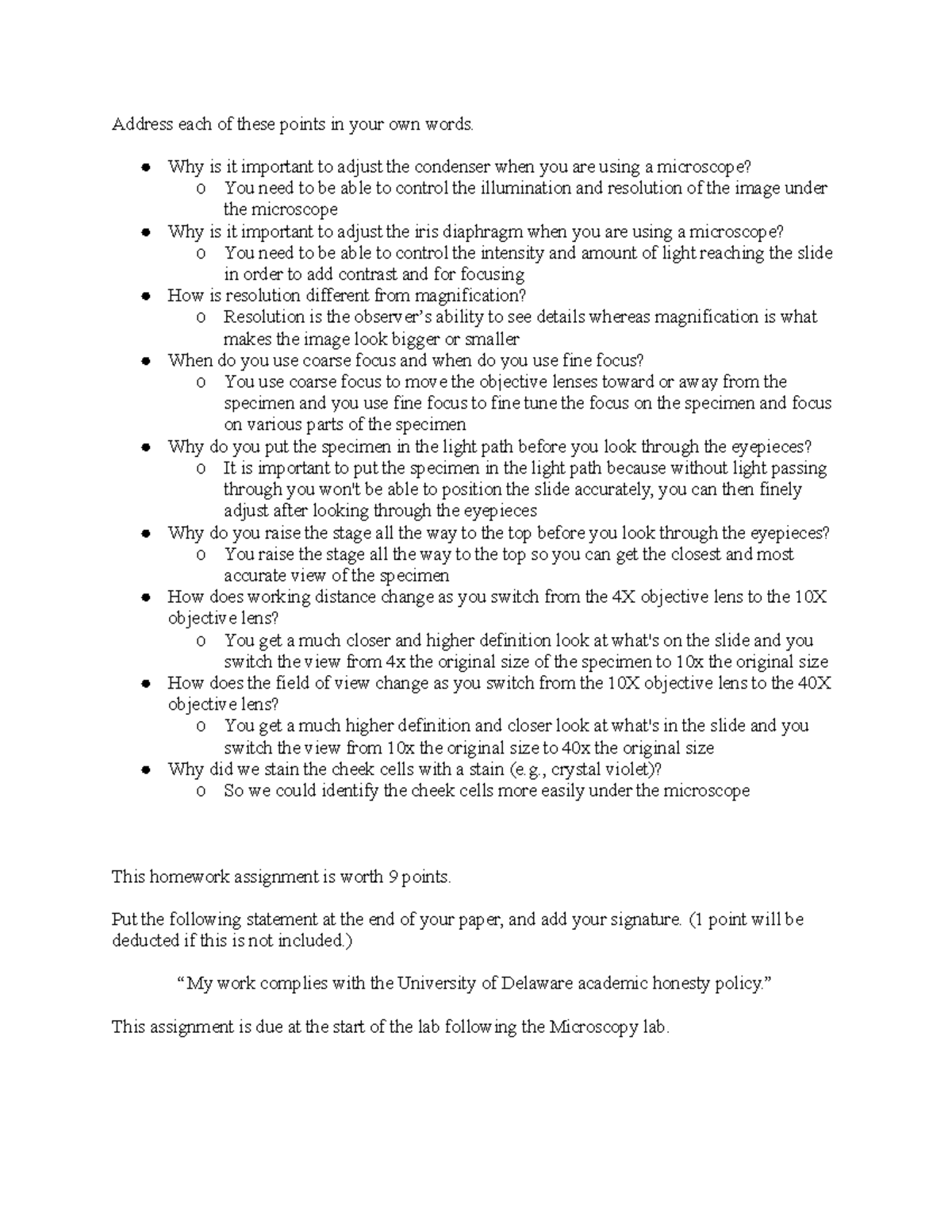 BISC Microscope Hw - Lab Homework - Address each of these points in ...