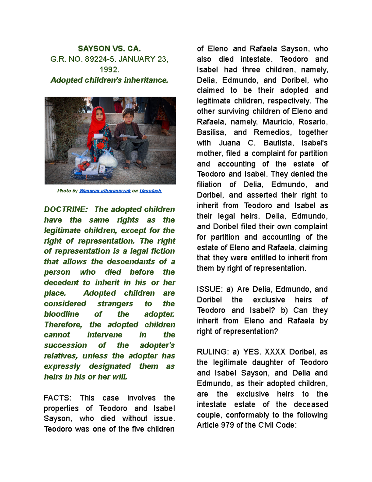 Sayson VS. CA, 1992 (Adopted children’s inheritance) - SAYSON VS. CA. G ...